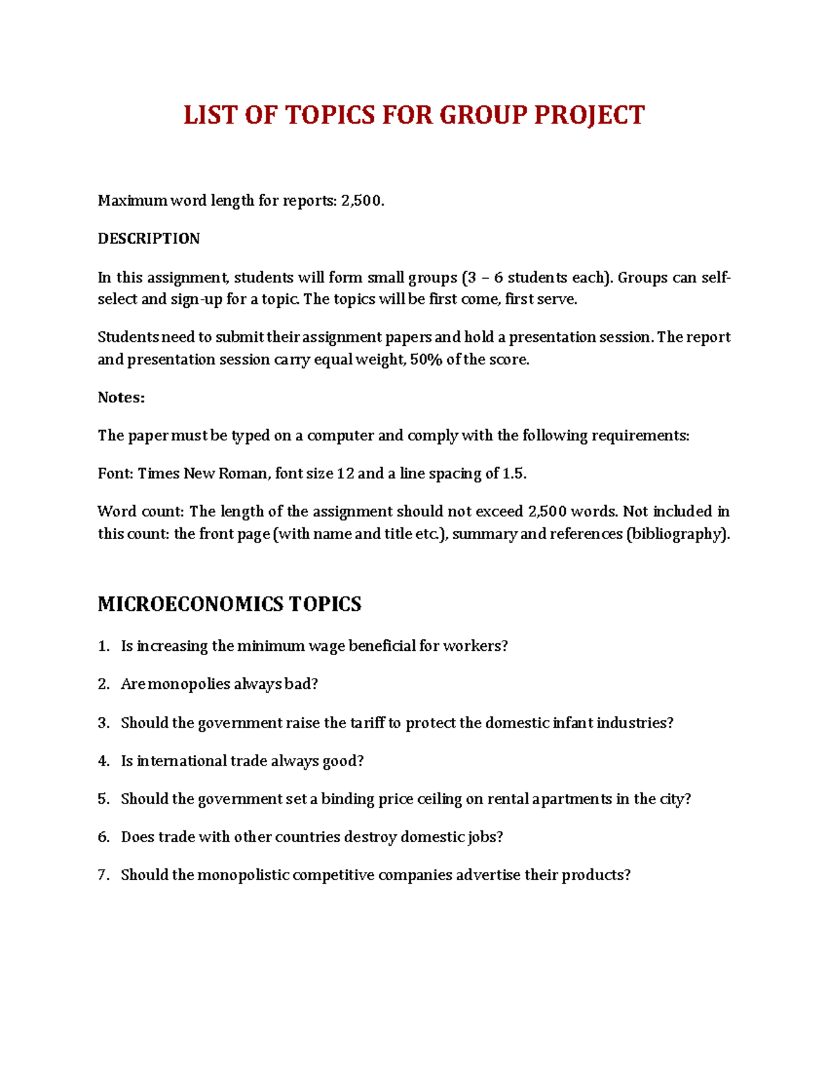 Economics Project Topics - LIST OF TOPICS FOR GROUP PROJECT Maximum ...