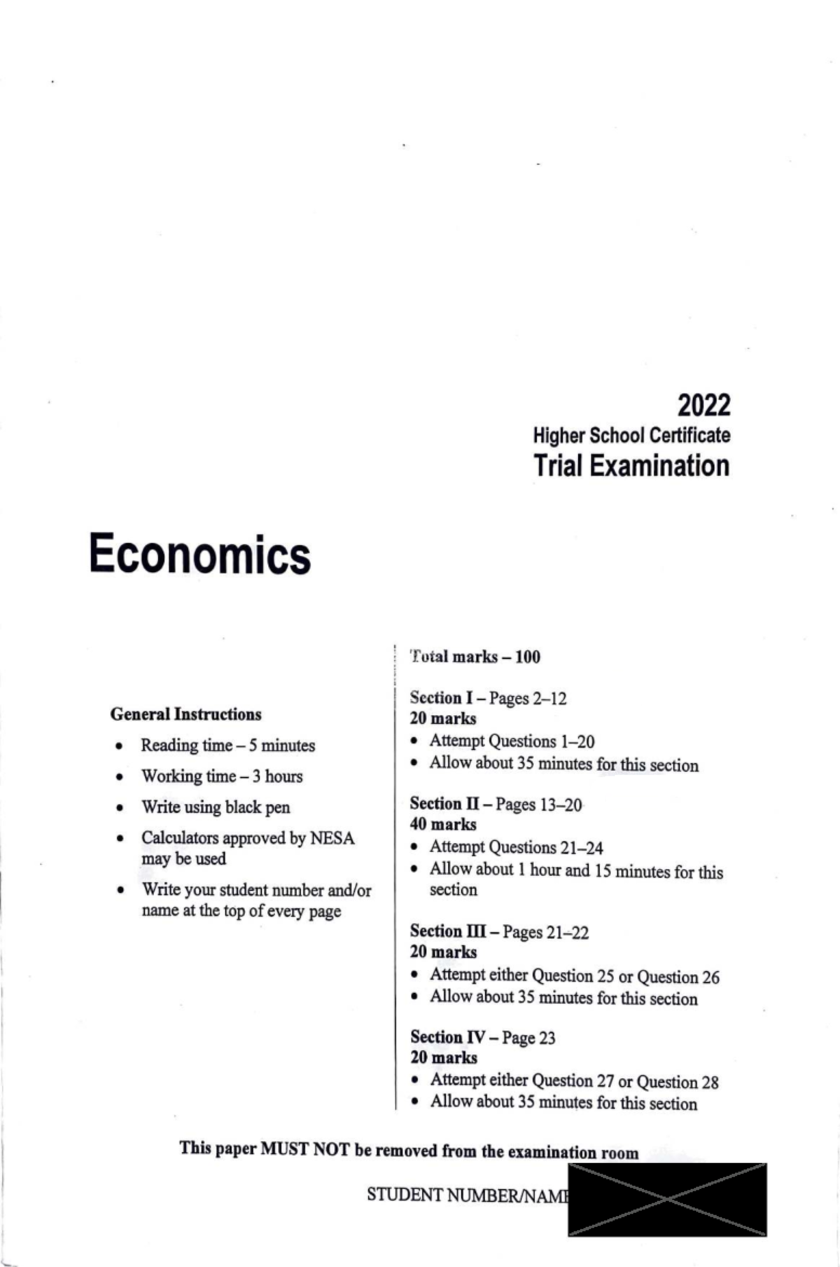2022 HSC Trial Exam Economics - Total Marks 100 - Studocu