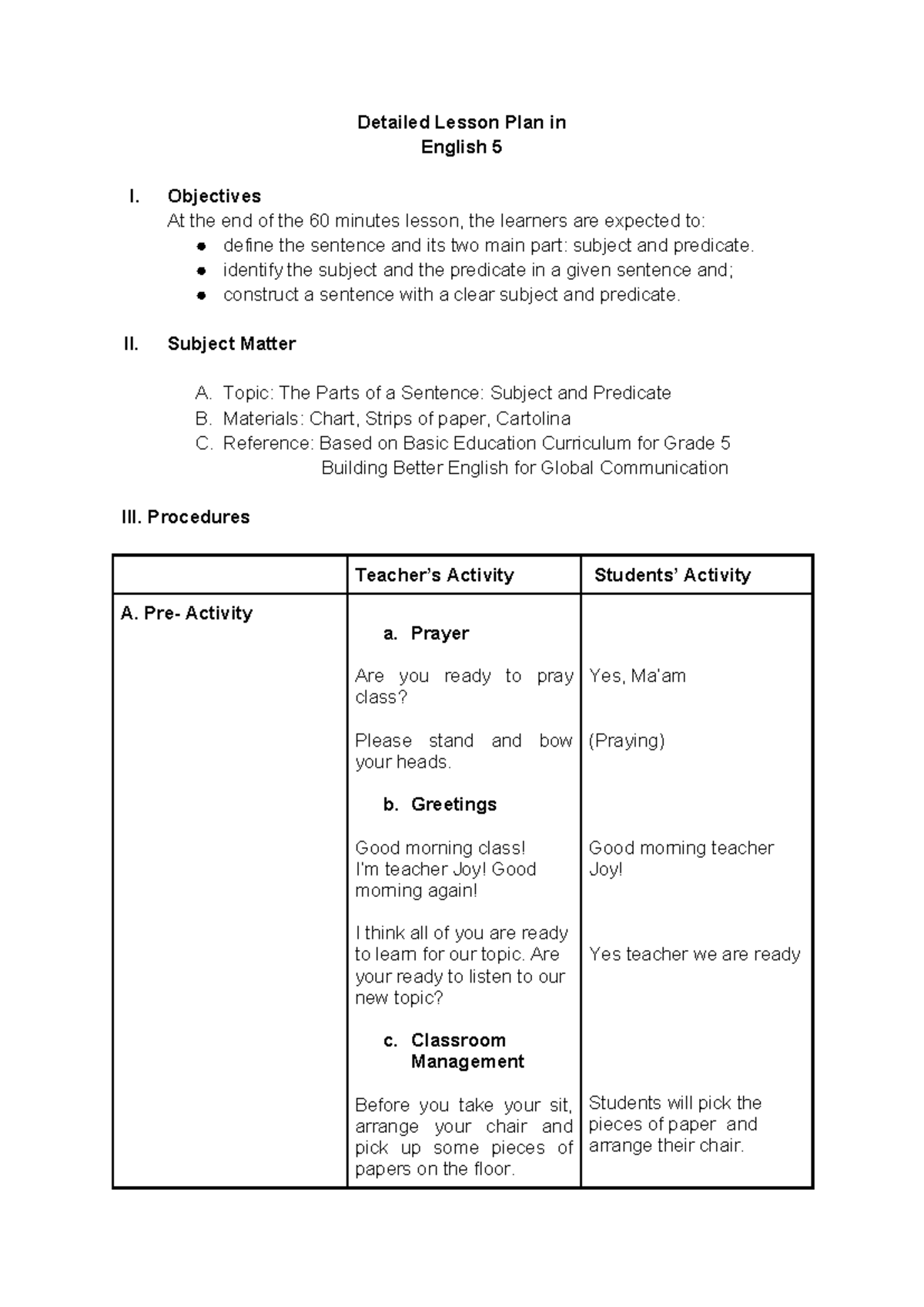 Detailed Lesson Plan: Understanding Subject and Predicate (Eng 5) - Studocu