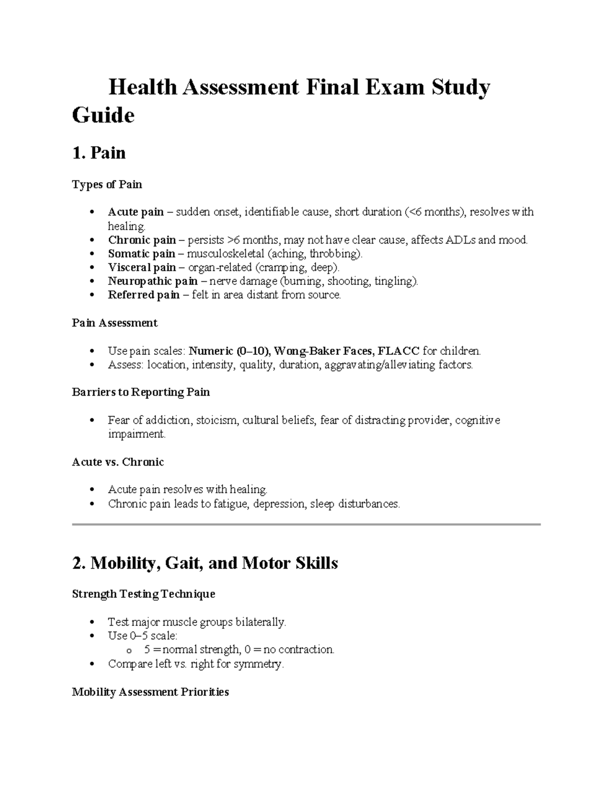Health Assessment HLT 101 Final Exam Study Guide: Pain, Mobility ...