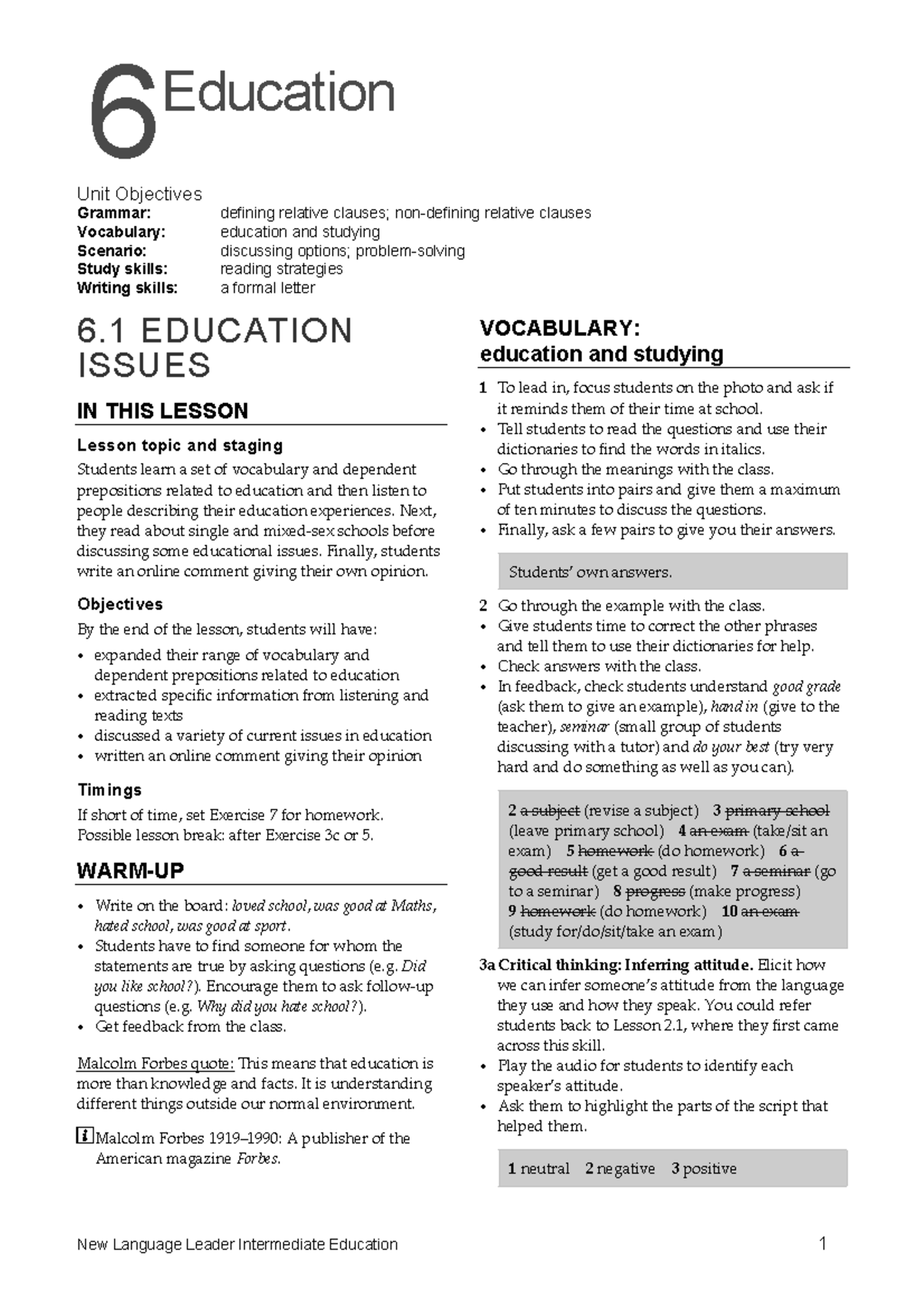 Unit 6 - New Language Leader Intermediate: Education Lesson Answers ...