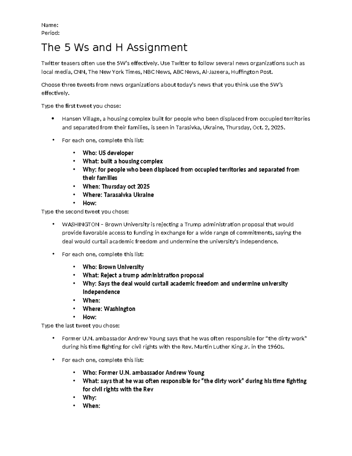 The 5 Ws and H Assignment: Analyzing News Tweets - Studocu