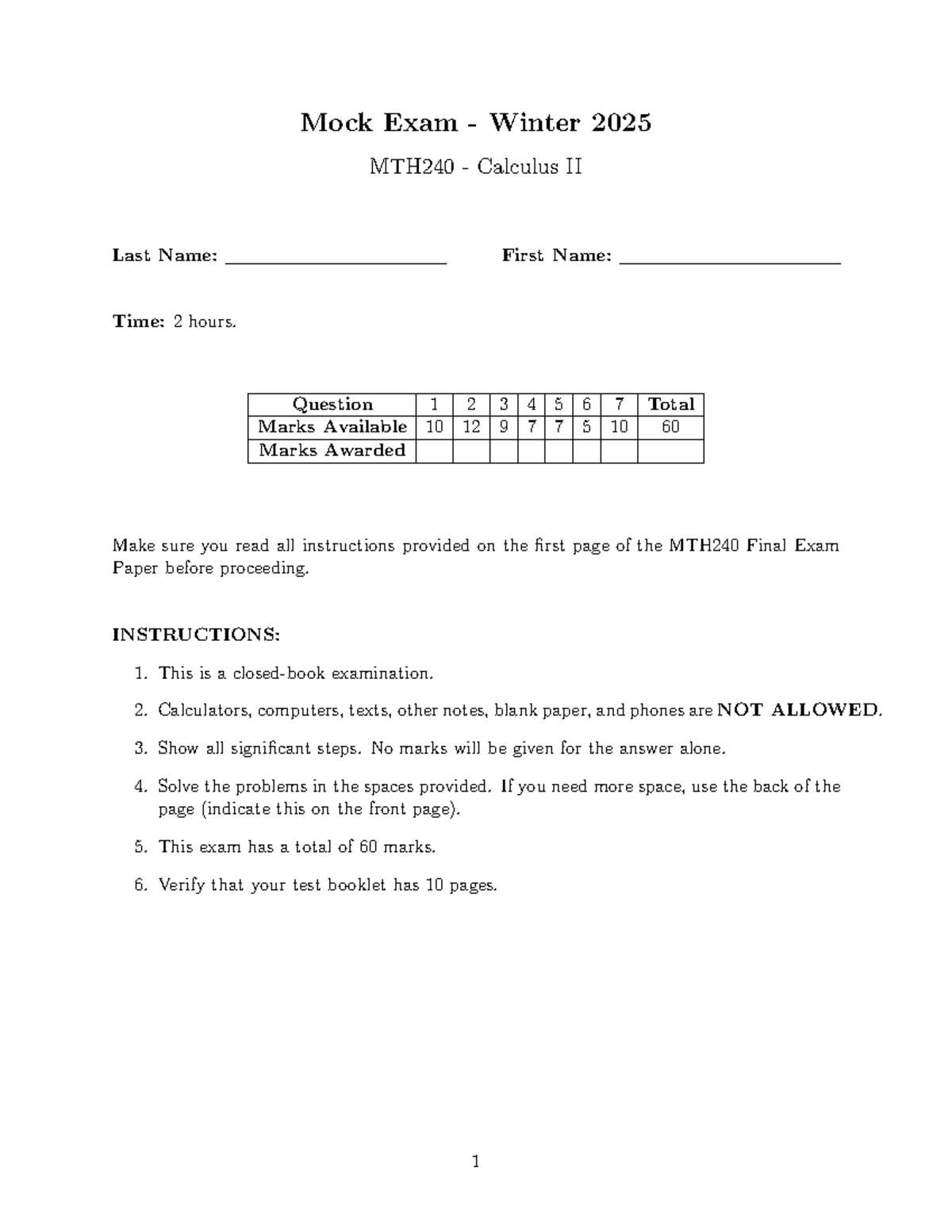 MTH240 Mock Exam Paper - Calculus II Winter 2025 - Studocu