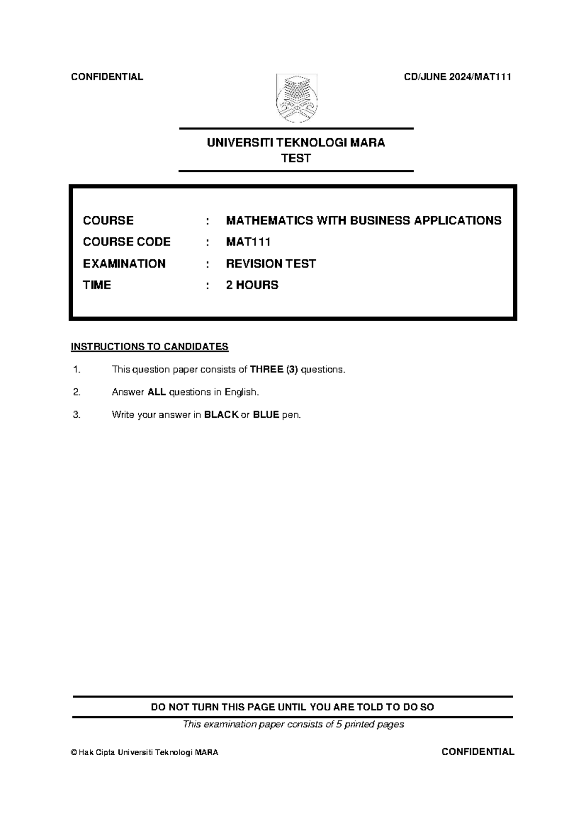 Revision Test for BA1321R2: Mathematics with Business Applications ...