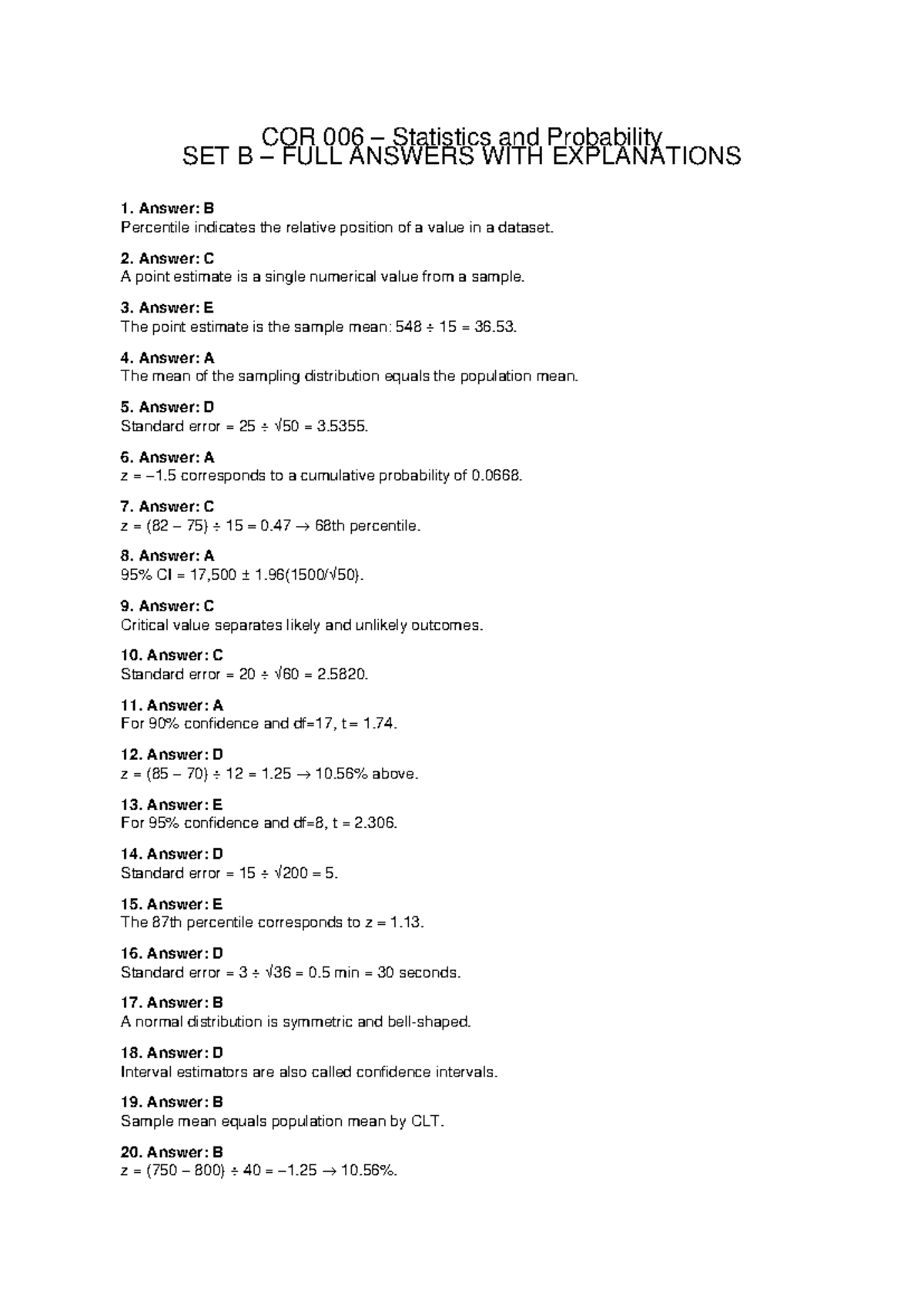 COR 006 Statistics & Probability SET B Answers with Explanations - Studocu