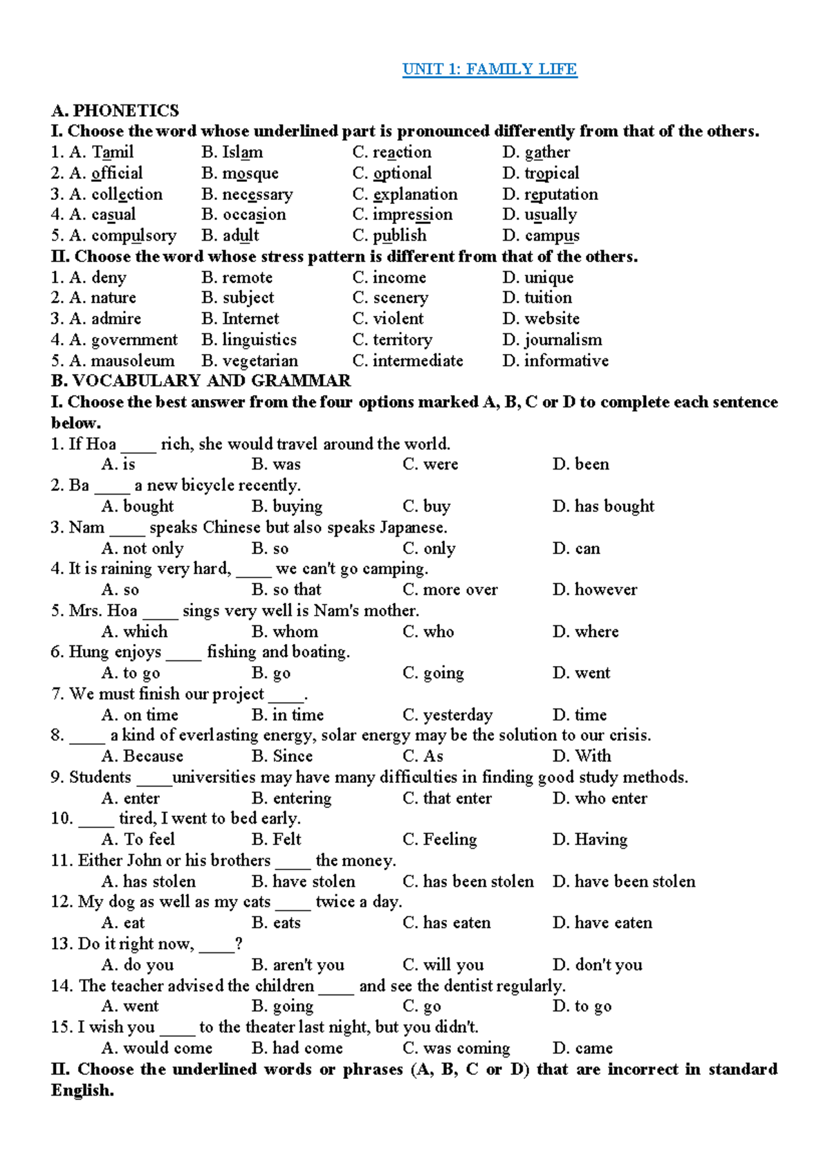 Test 1 U1: Practice on Family Life and Phonetics - Studocu