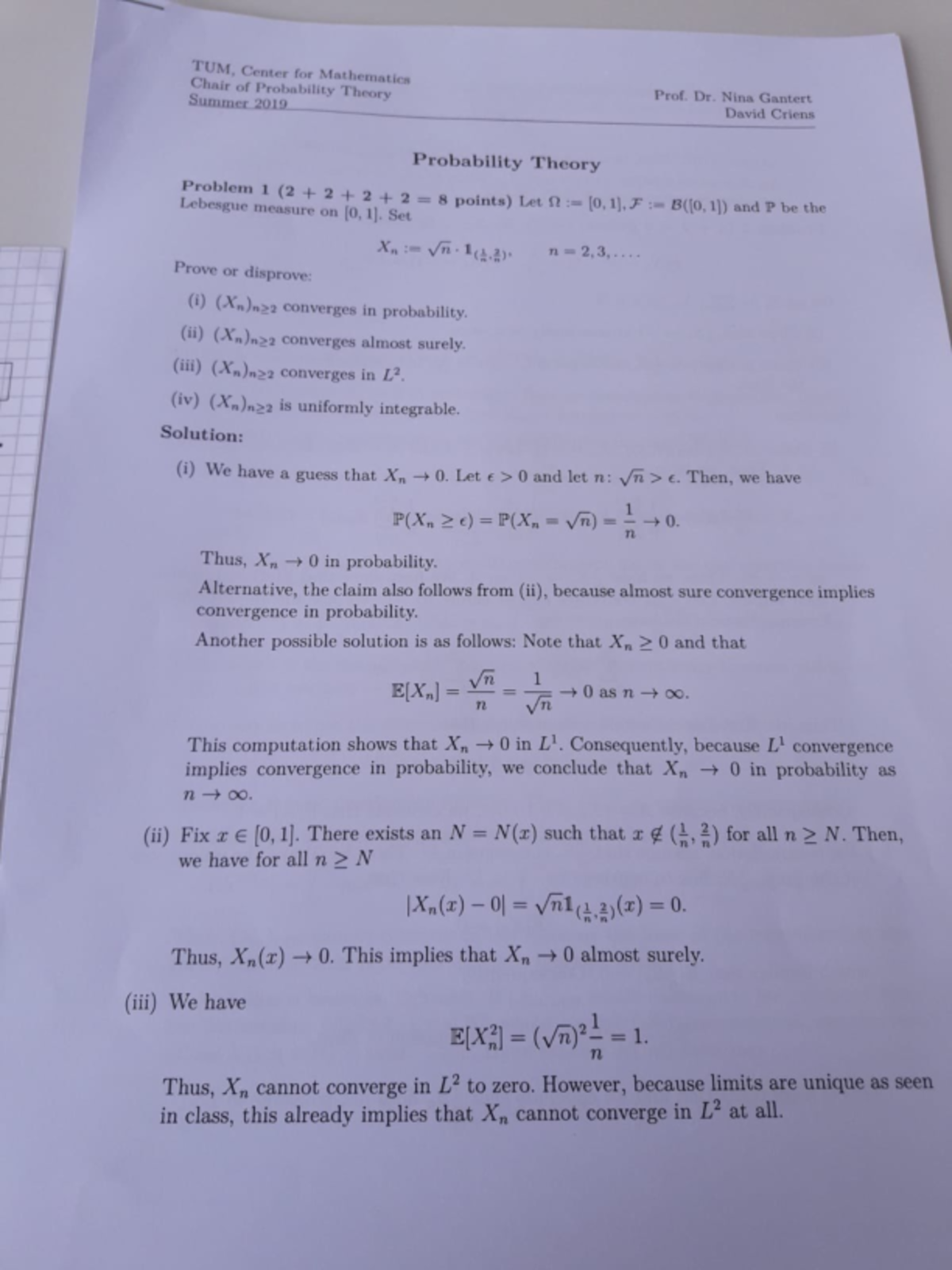 19SS Final Exam Solutions for Probability Theory by Prof. Gantert - Studocu