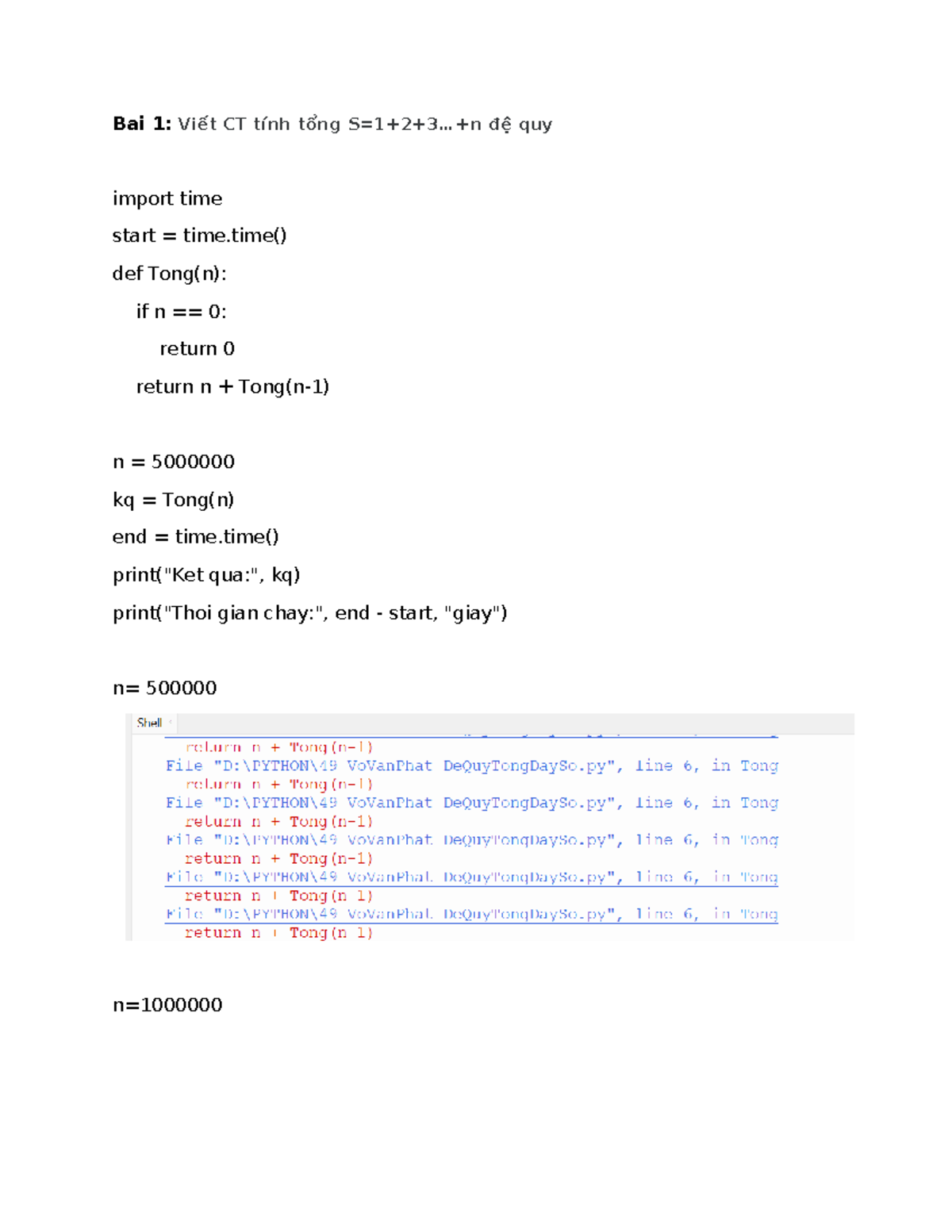 Bài Tập Python: Tính Tổng và Tích Đệ Quy & Không Đệ Quy - Studocu