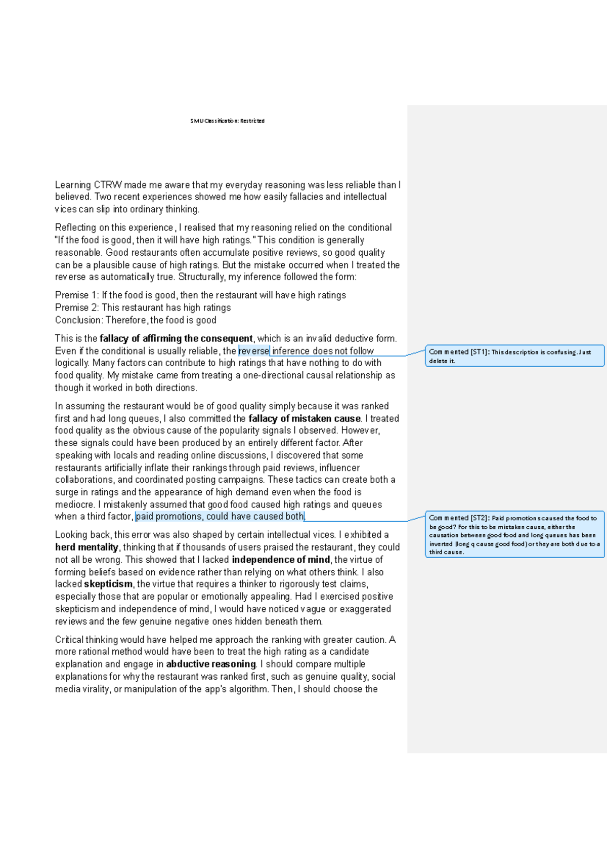 CTRW Essay: Analyzing Reasoning Fallacies and Intellectual Vices - Studocu
