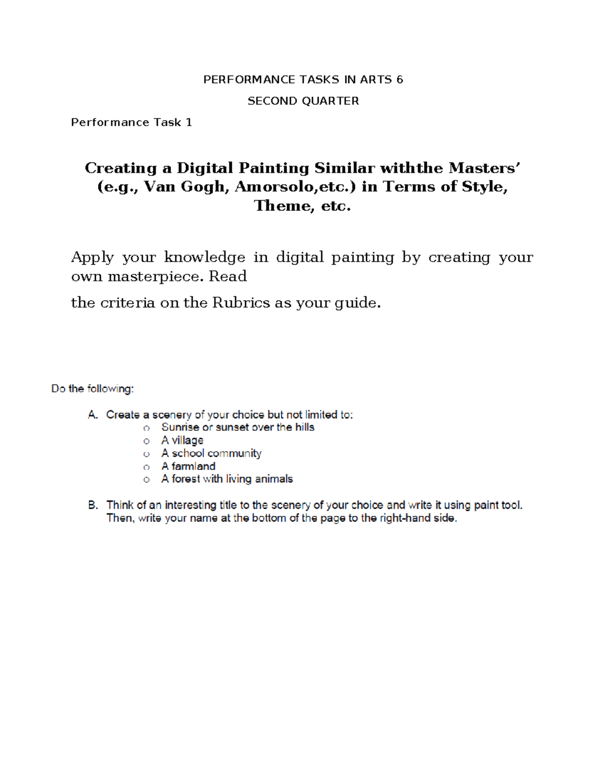 Performance Tasks 1-4: G6 Arts Q2 - Digital Painting & Layouting - Studocu