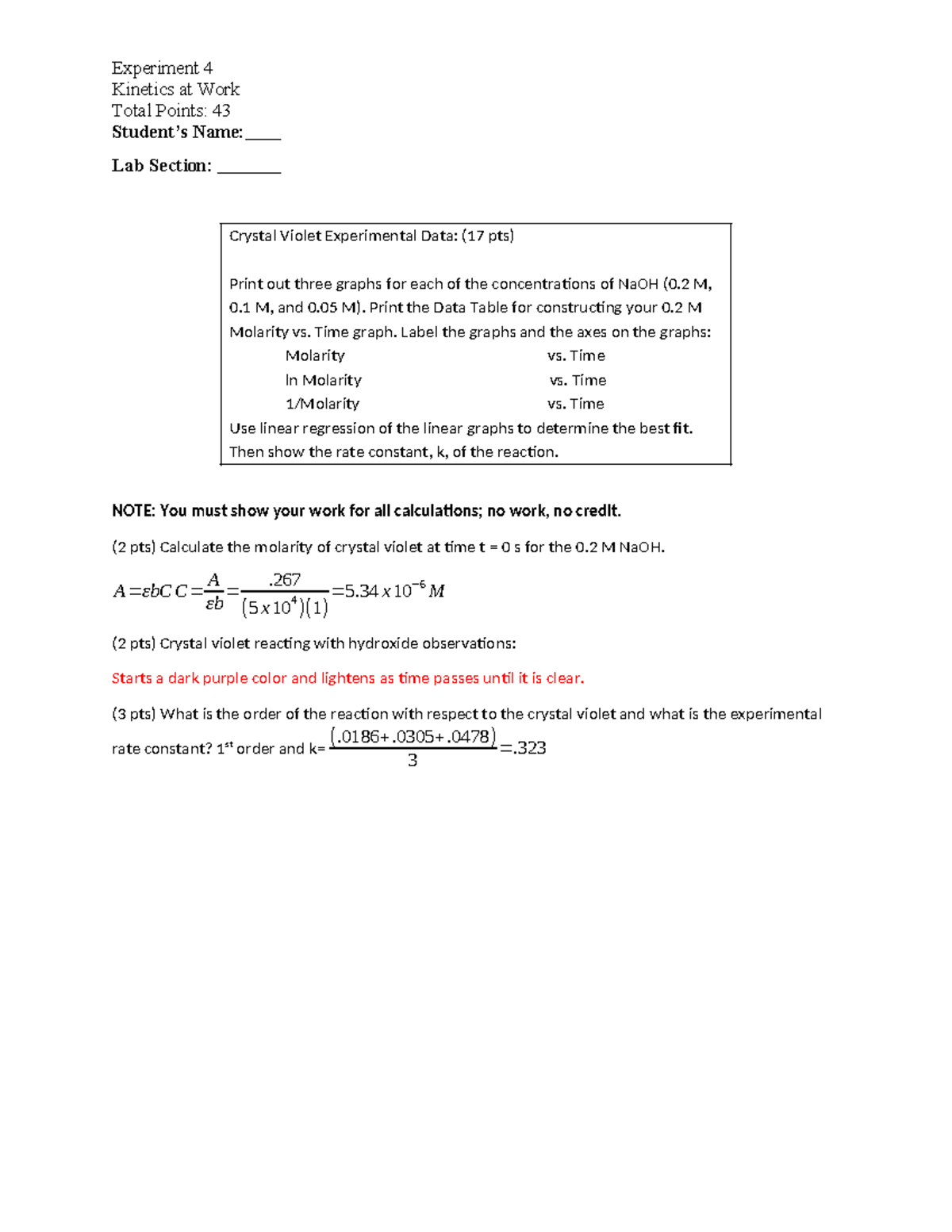 CHEM 110 L - Final Lab Report on Kinetics at Work - Studocu