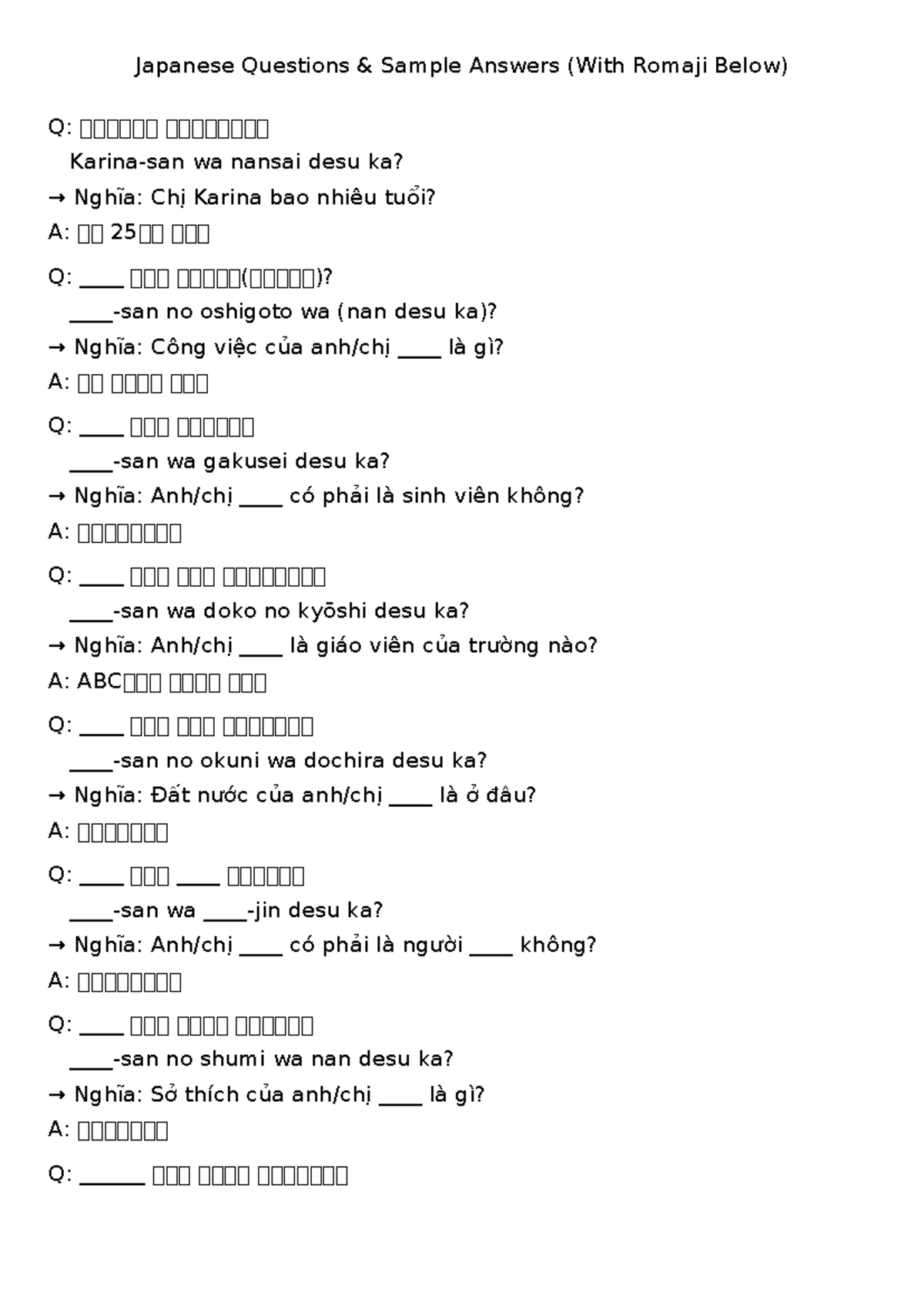 Japanese Questions Sample Answers with Romaji (Q&A) - Studocu