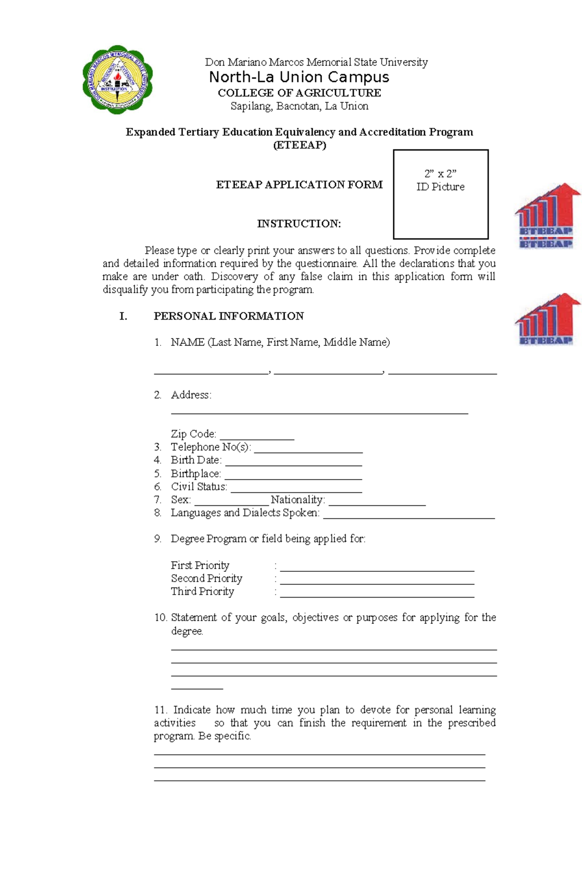 BS Agriculture Application-Form- Eteeap - Copy - Don Mariano Marcos ...