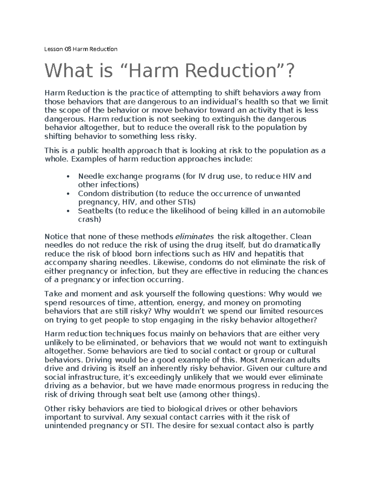 Lesson 08: Understanding Harm Reduction in Public Health - Studocu