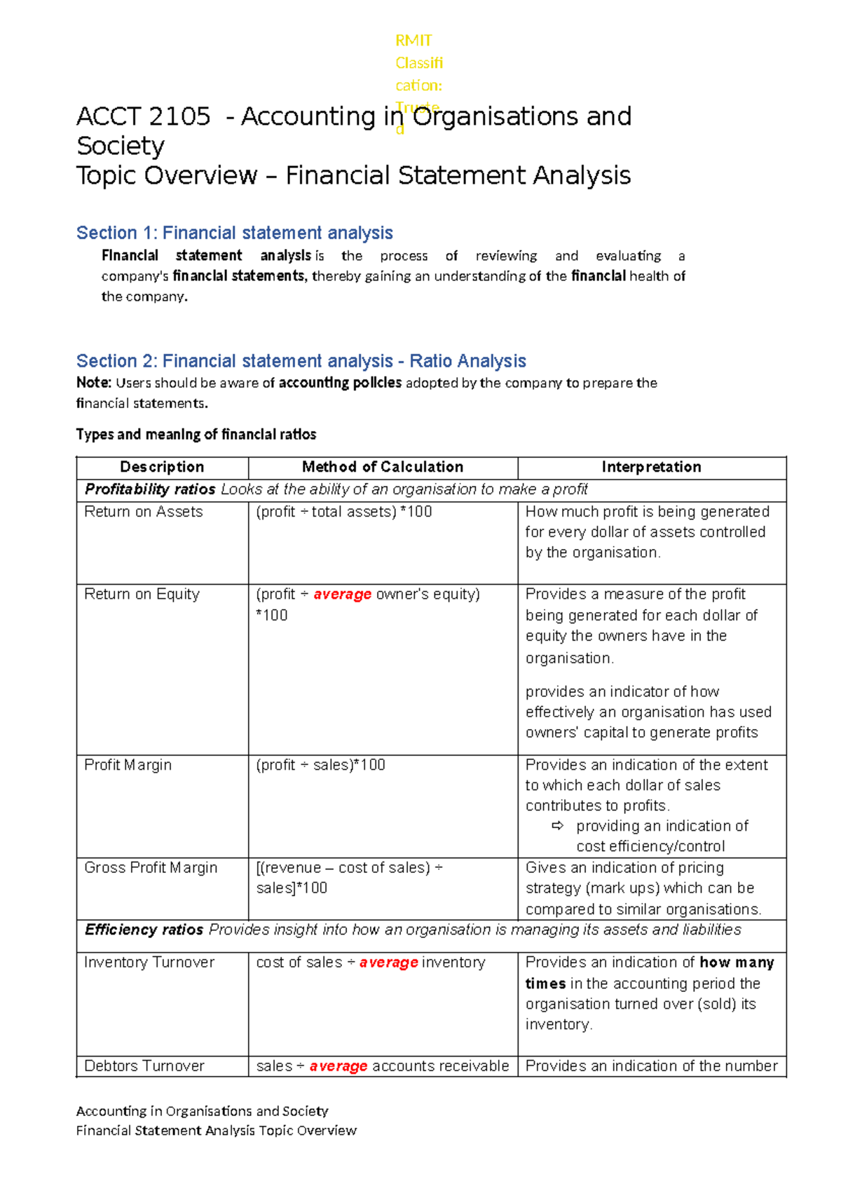 ACCT 2105 Financial Statement Analysis: Overview & Key Ratios - Studocu