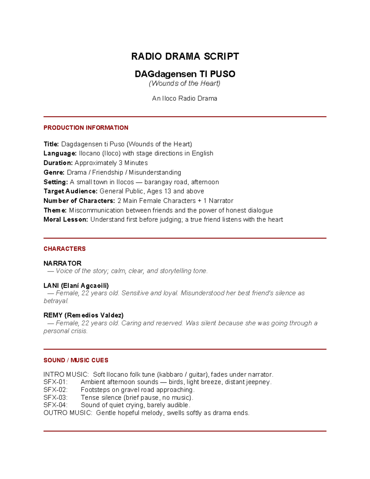 RADIO DRAMA SCRIPT: Dagdagensen ti Puso (Wounds of the Heart) - Studocu
