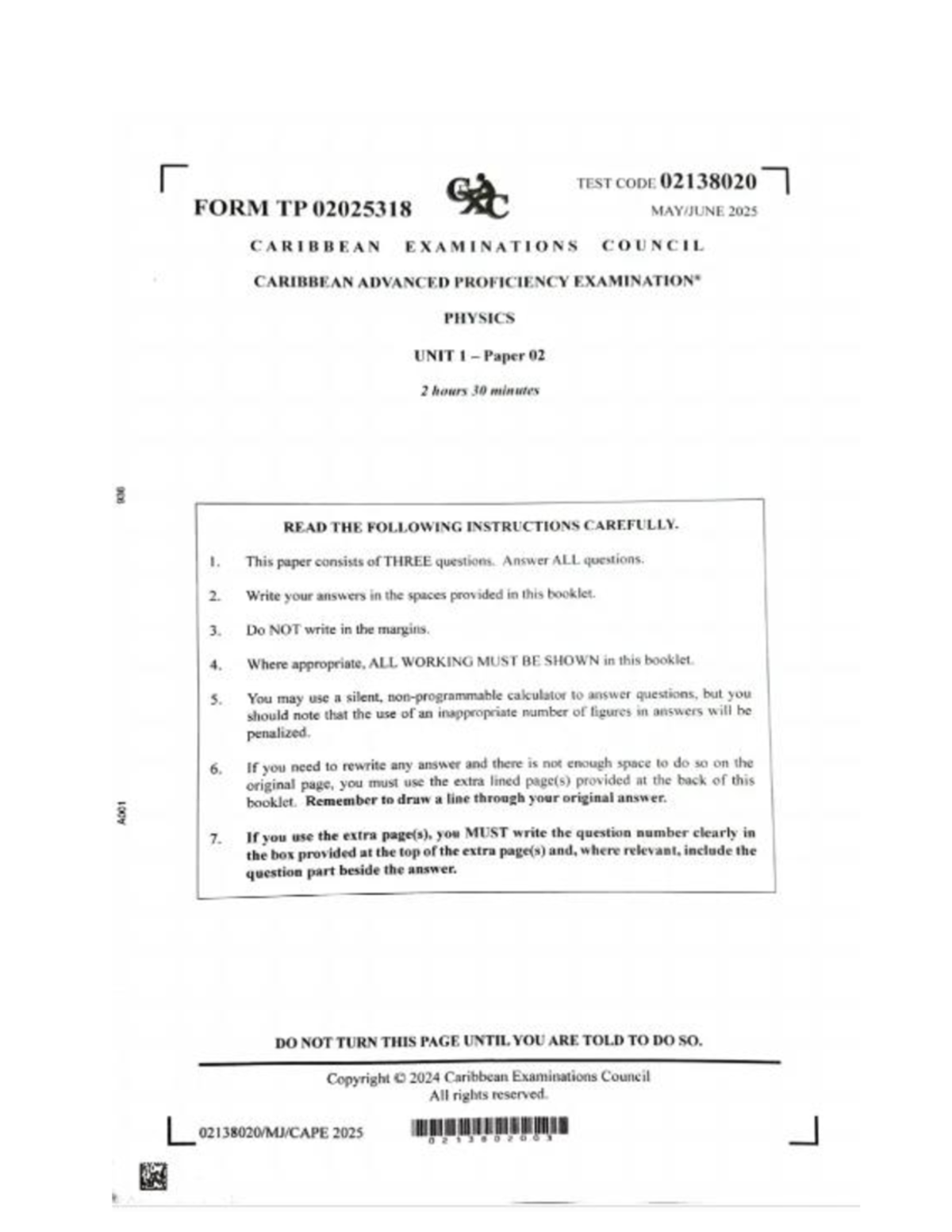 Cape Unit 1 Physics Paper 2 Exam 2025: Instructions and Questions - Studocu