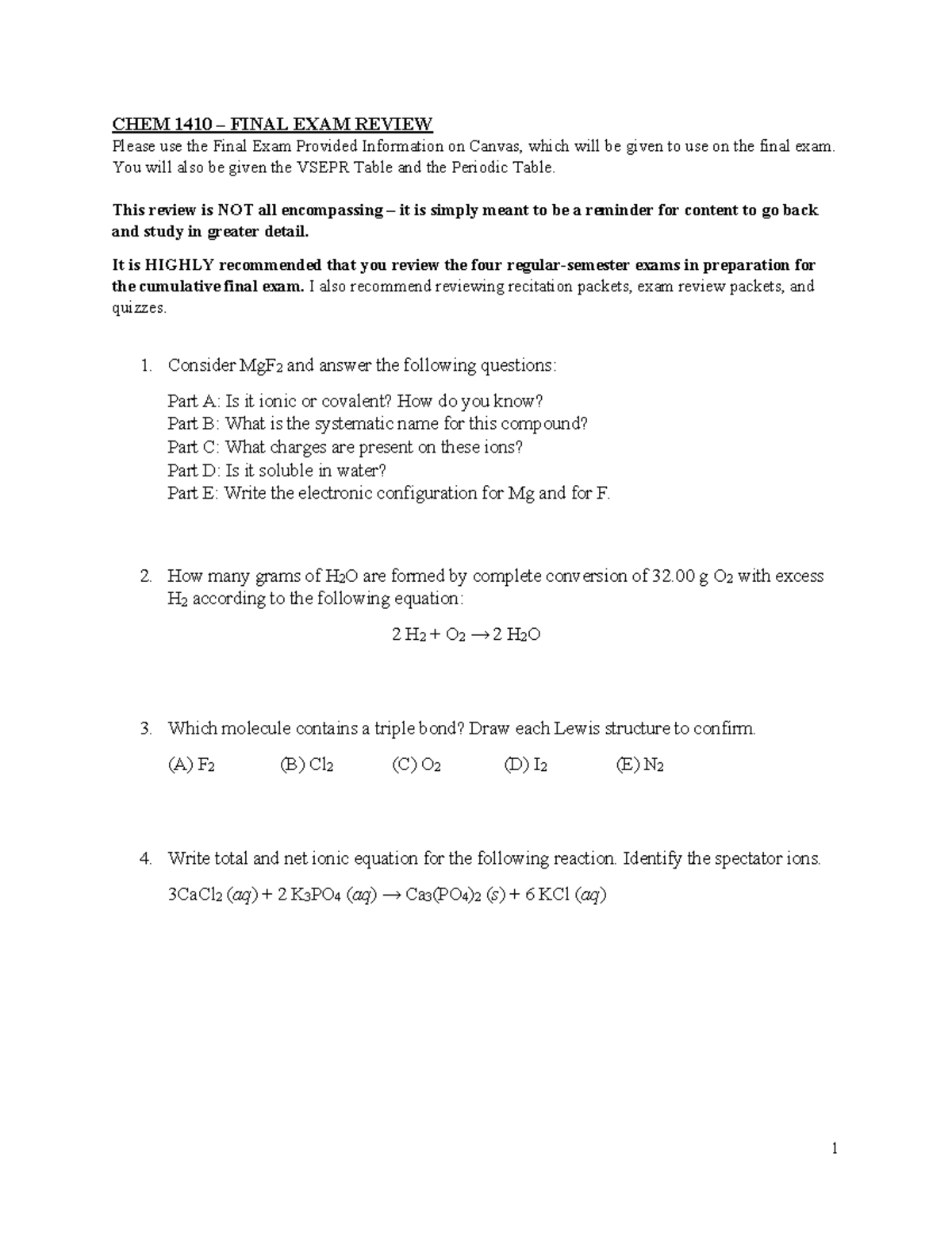 CHEM 1410 Final Exam Study Guide and Key Concepts - Studocu