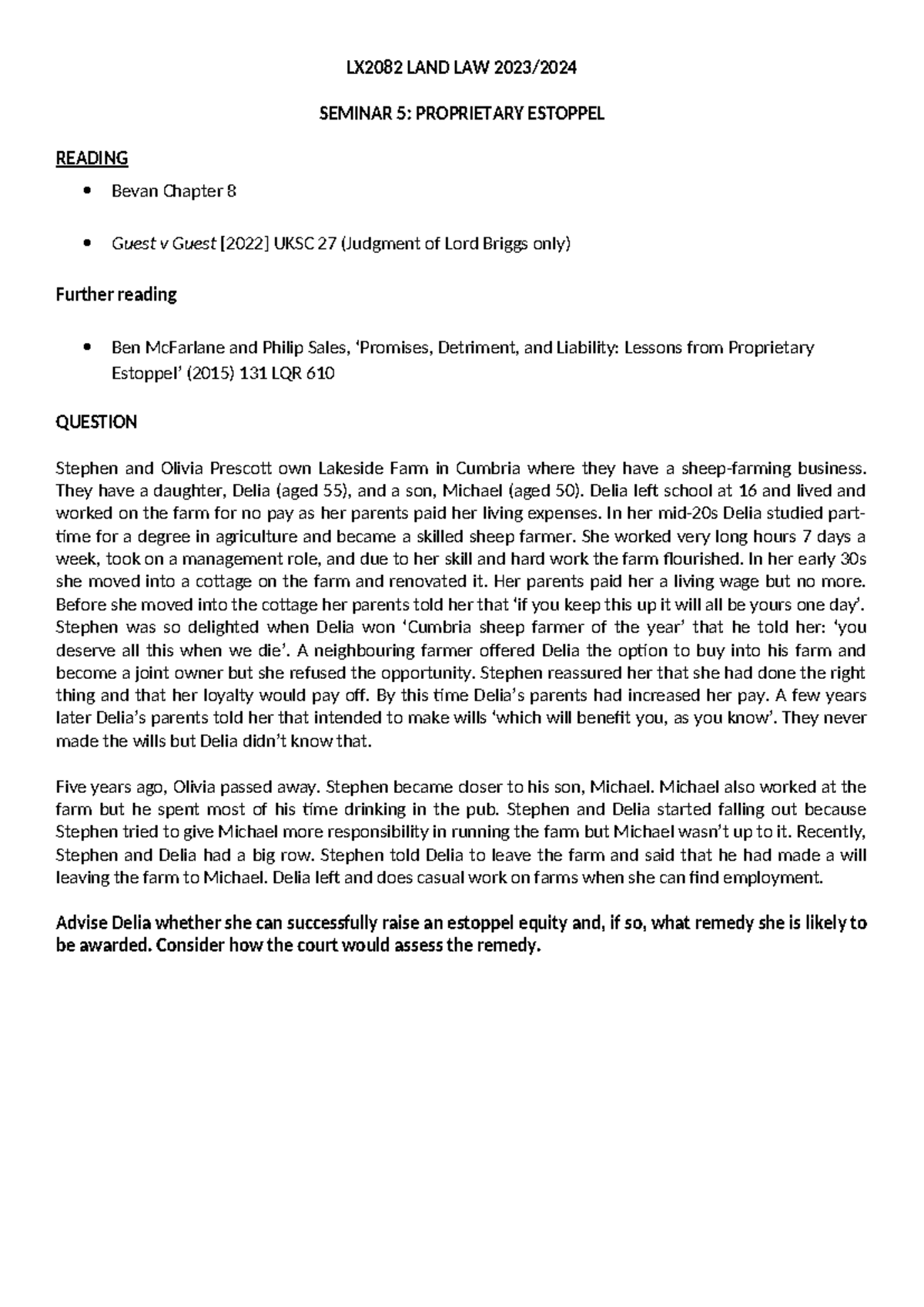 LX2082 LAND LAW SEMINAR 5: Proprietary Estoppel Case Analysis - Studocu