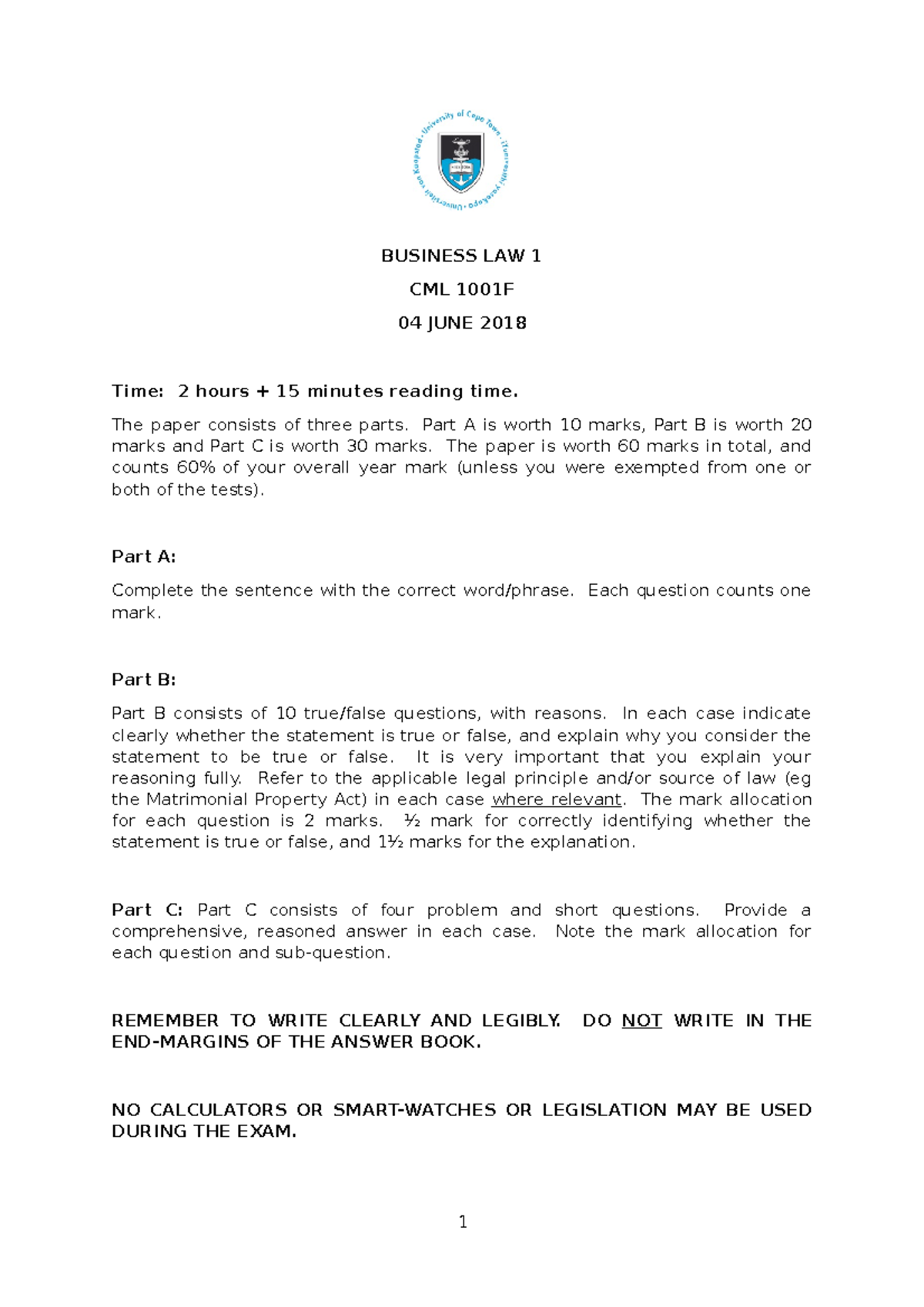 CML 1001F Final Exam Notes - Business Law 1, June 2018 - Studocu