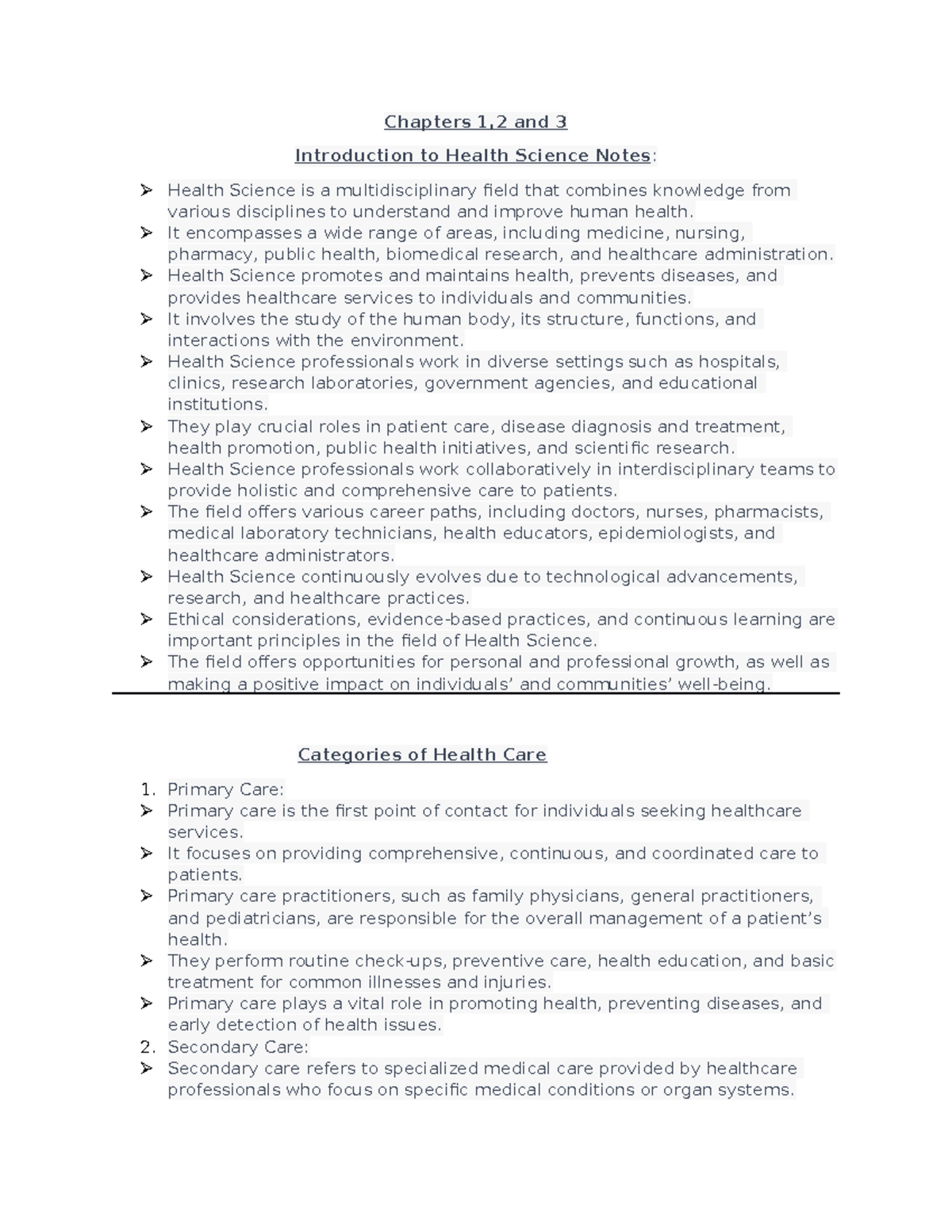 Health Science Notes: Overview of Chapters 1, 2, and 3 Summary - Studocu
