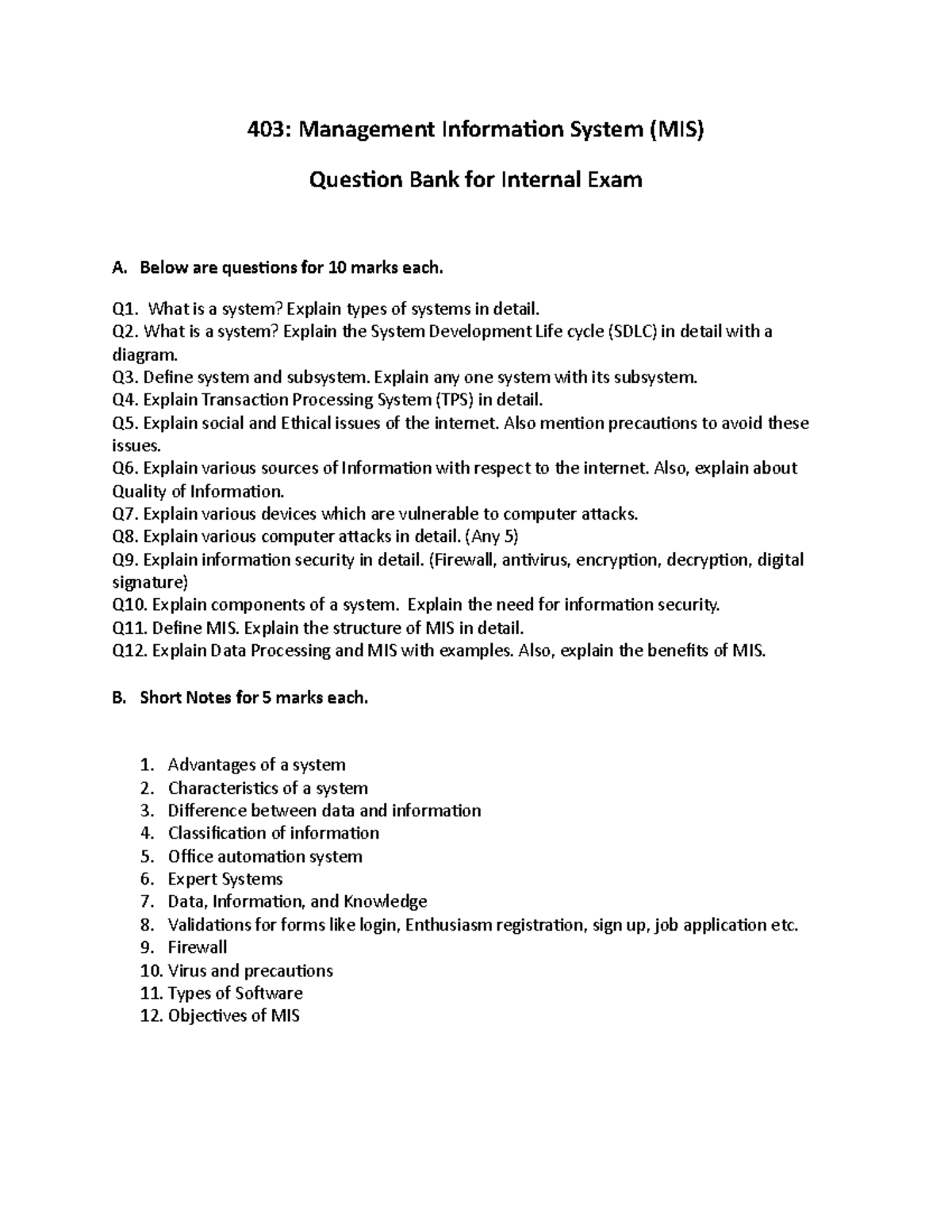 MIS 403: Internal Exam Question Bank for Management Information Systems ...