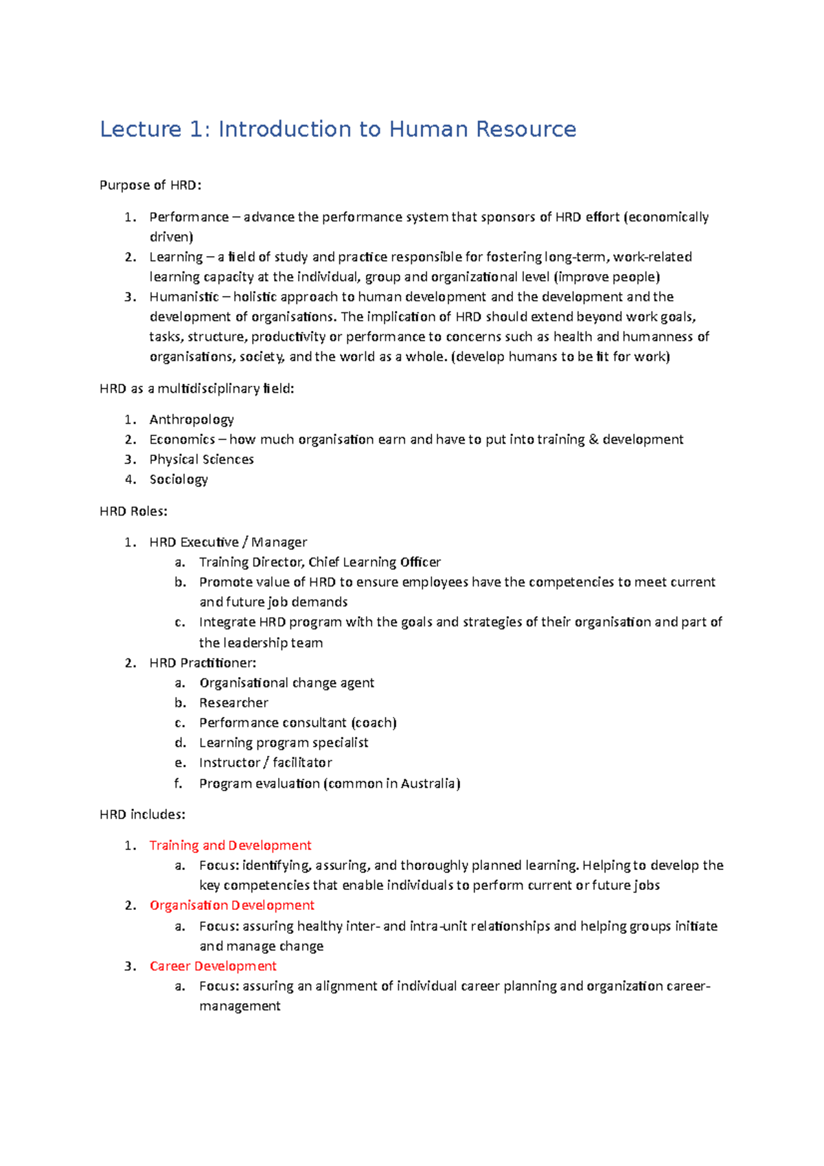 HRD Notes & Assignment guides - Lecture 1: Introduction to Human ...