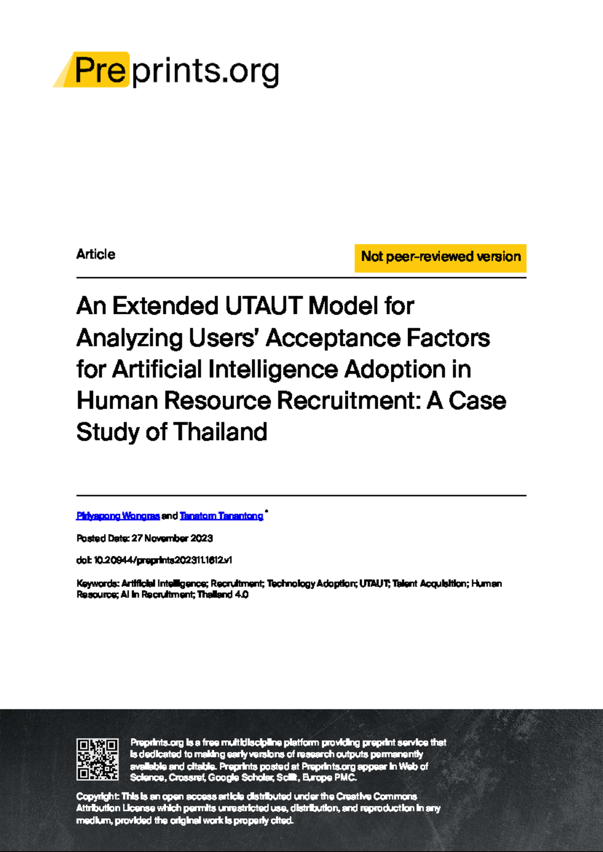 Extended UTAUT Model for AI Adoption in HR Recruitment: A Thailand Case ...
