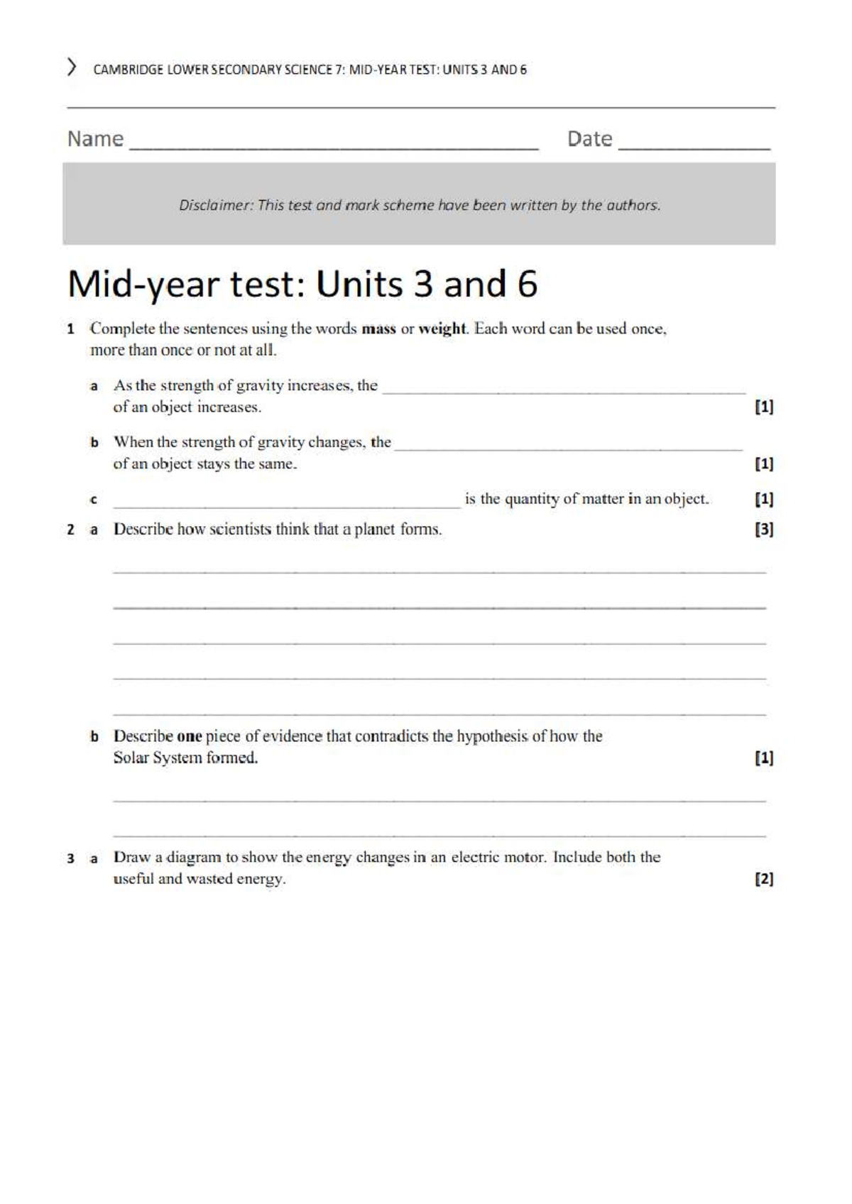 CAMBRIDGE LOWER SECONDARY SCIENCE 7: MID-YEAR TEST UNITS 3 & 6 - Studocu