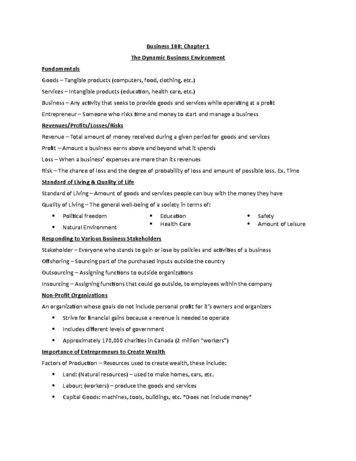 Chapters 1-4 - Lecture notes 1-4 - Business 100: Chapter 1 The Dynamic ...