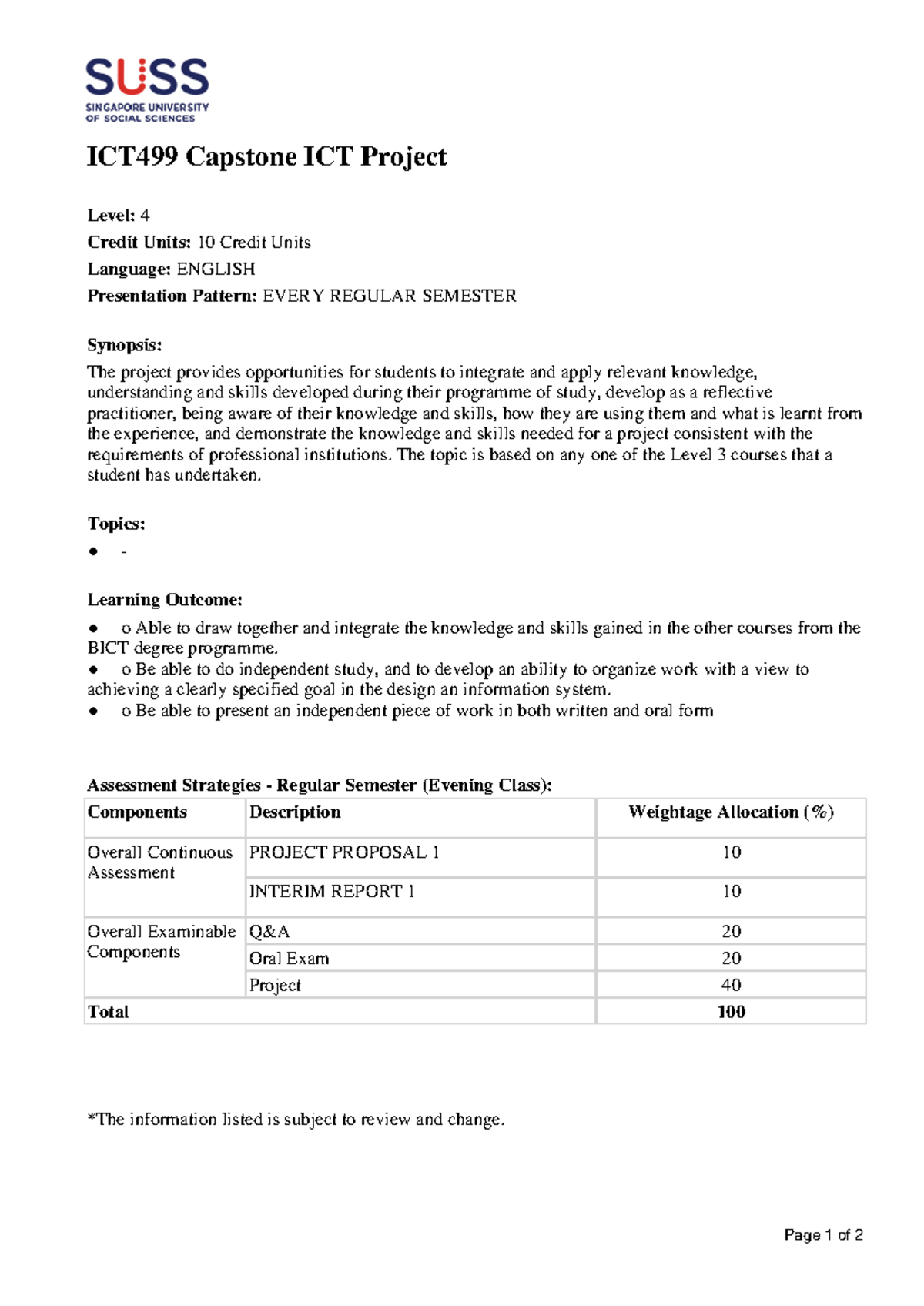 ICT499 - Capstone Project Overview and Assessment Details - Studocu