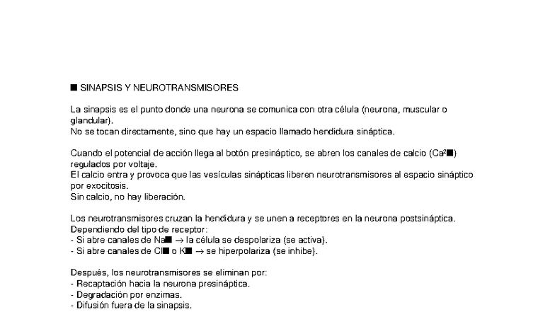 Resumen de Sinapsis y Neurotransmisores en Neurociencia - Studocu