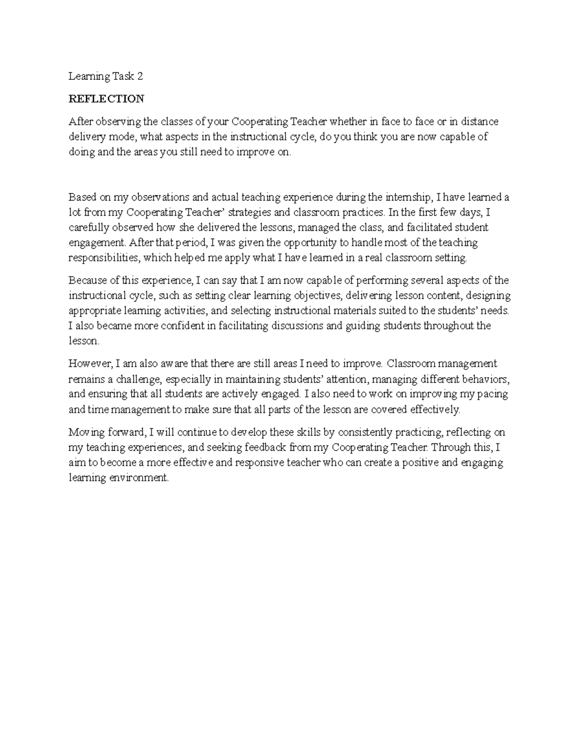 Learning Task 2: Reflection on Teaching Internship Experiences - Studocu