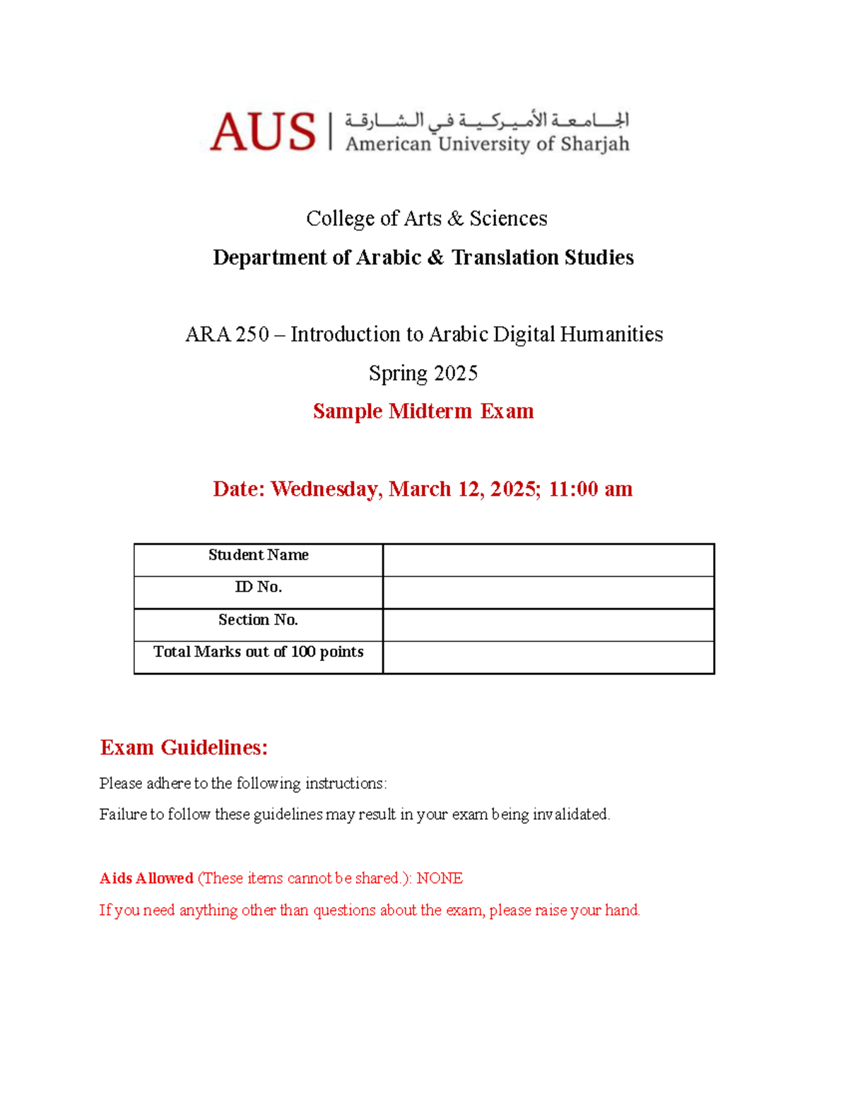 ARA 250 Sample Midterm Exam - Arabic Digital Humanities S25 - Studocu