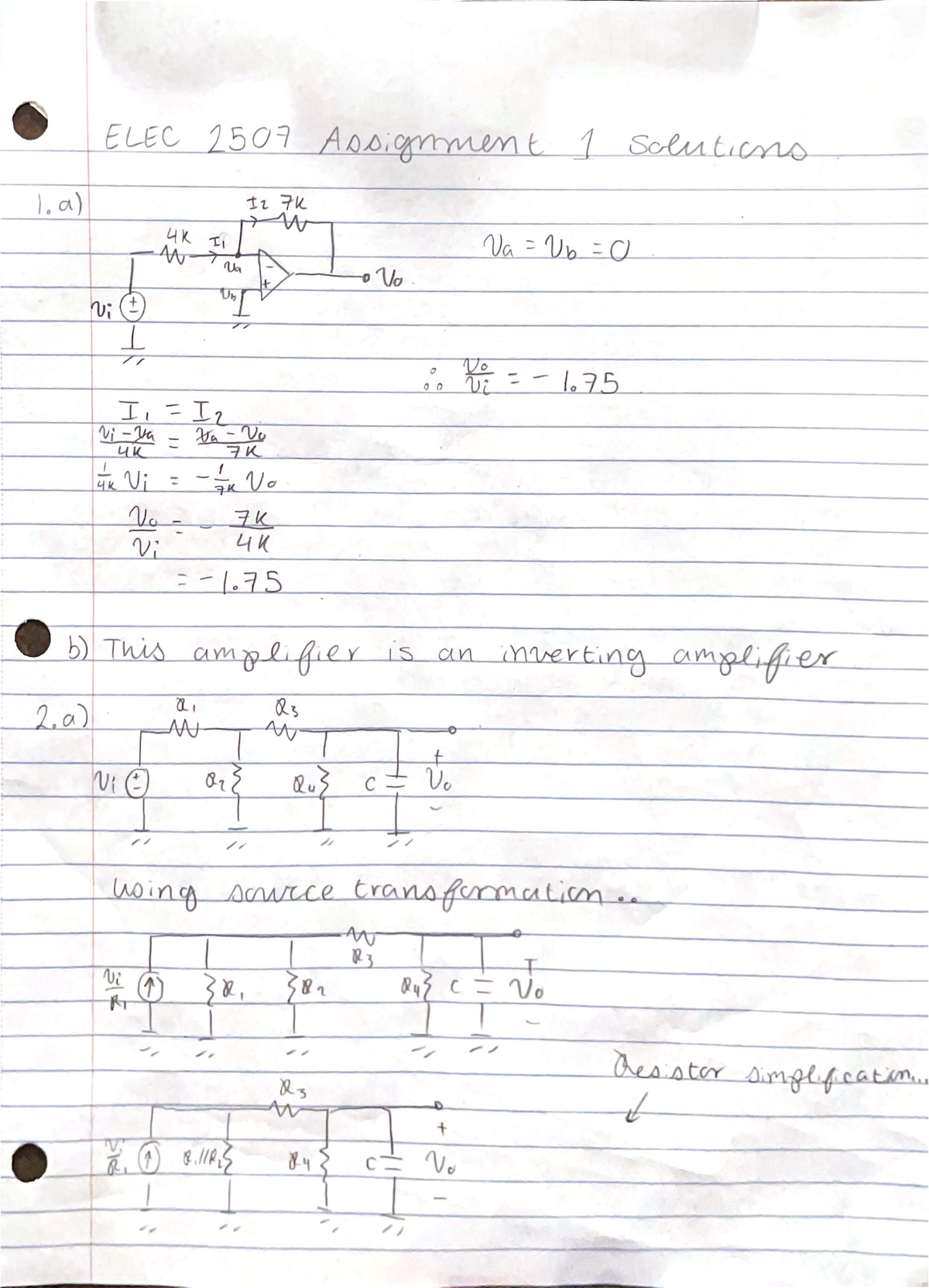 ELEC 2507 Assignment 1 Solutions - Inverting Amplifier Analysis - Studocu