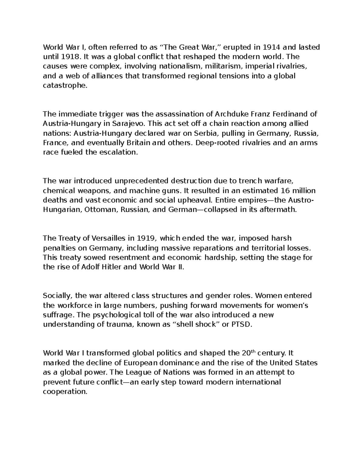 The Causes and Consequences of World War I - World War I, often ...