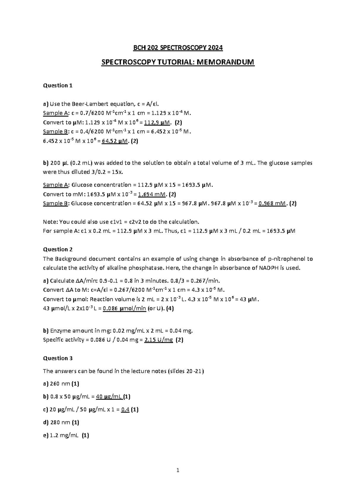 BCH 202 Spectroscopy Tutorial Memorandum 2024: Key Calculations - Studocu