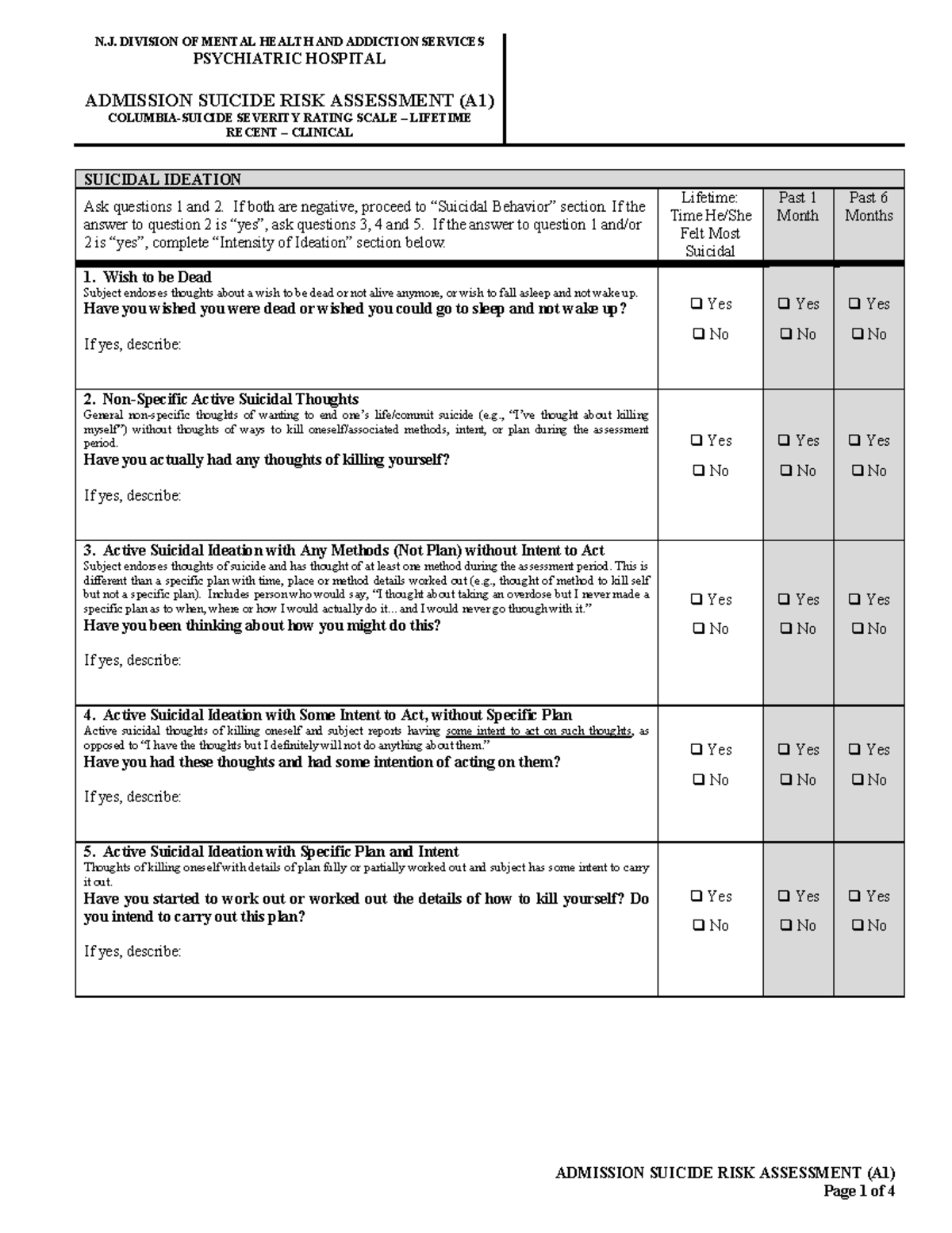 N.J. DIVISION OF MENTAL HEALTH ADMISSION SUICIDE RISK ASSESSMENT (A1 ...