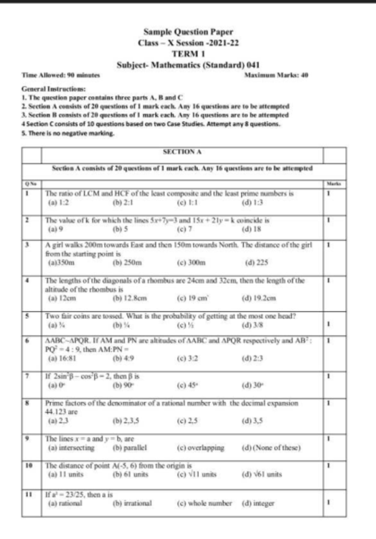 Sample question paper for class X term 1 mathematics (standard) 041 ...