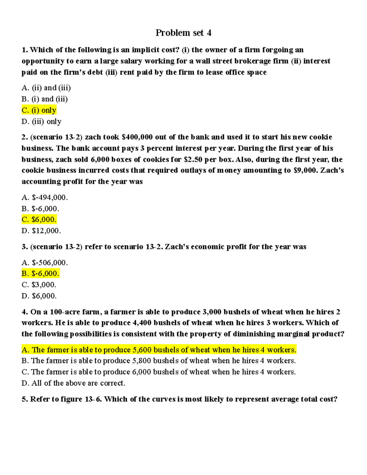 Problem Set 4: Implicit Costs and Economic Profit Analysis - Studocu