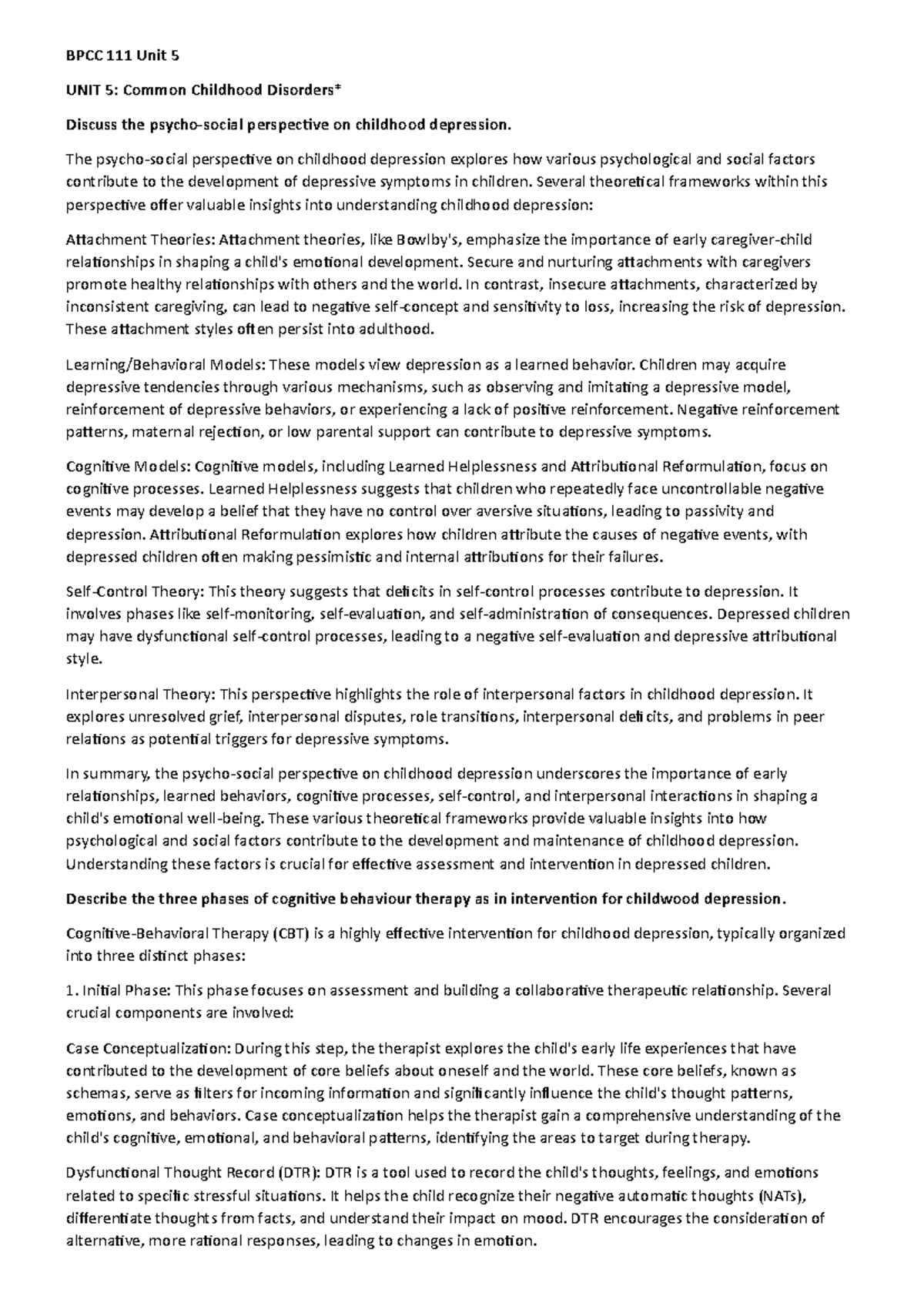 BPCC - 111 - UNIT 5 - Childhood Disorders & Intervention Notes - Studocu