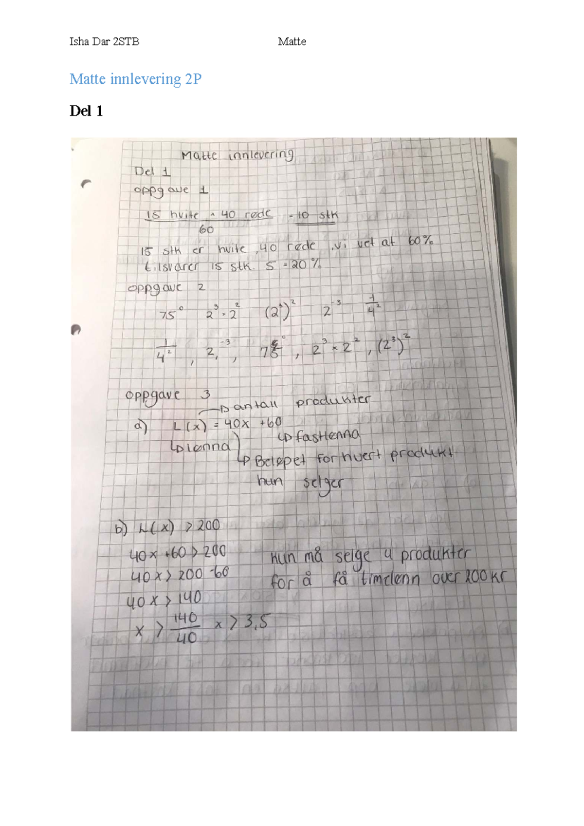 Matte Innlevering 2P: Oppgaver og Analyse av Grafiske Data - Studocu