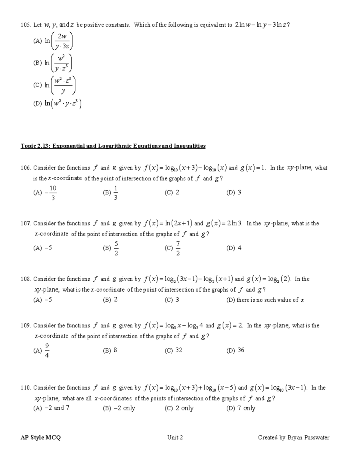 Unit 2 MCQ AP Precalc (105-142): Exponential & Logarithmic Functions ...