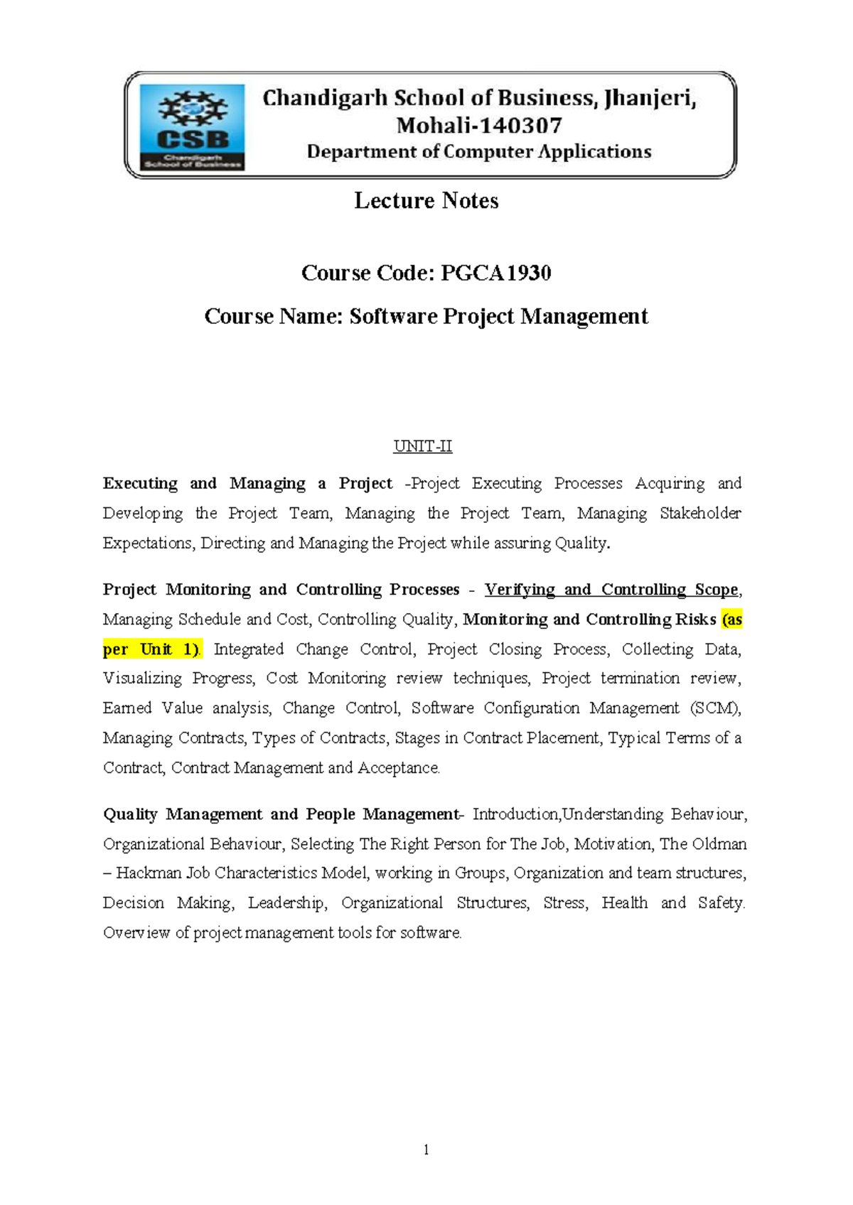 Lecture Notes: Software Project Management (PGCA1930) - Unit 2 Overview ...