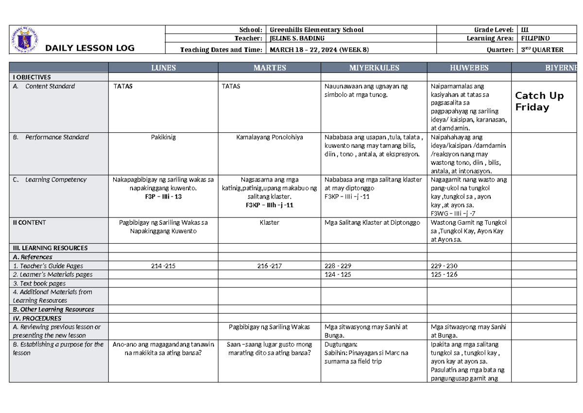 DLL Filipino 3 Q3 Week 8 Daily Lesson Log and Activities - Studocu