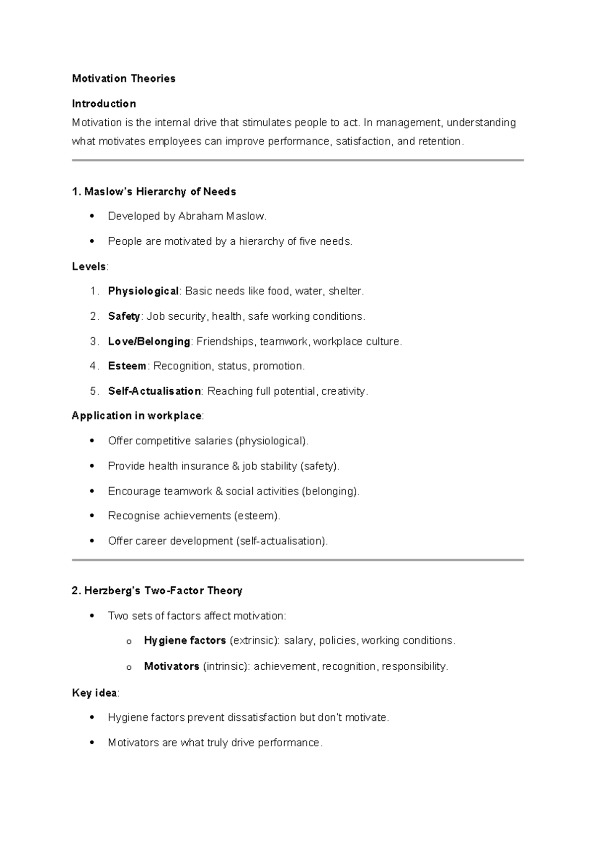 Notes on motivation theories - MGT200 chapter 8 - Studocu