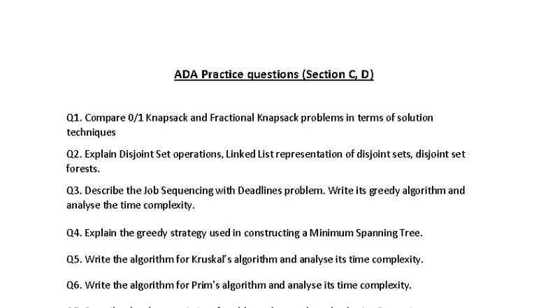 ADA Practice questions 2 - Compare 0/1 Knapsack and Fractional Knapsack ...