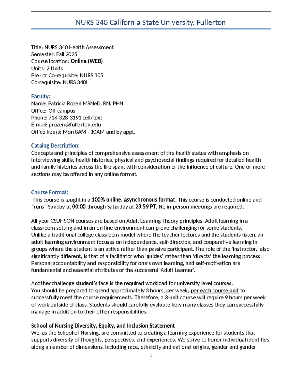 NURS 340 Health Assessment Syllabus - Fall 2025 Online Course - Studocu