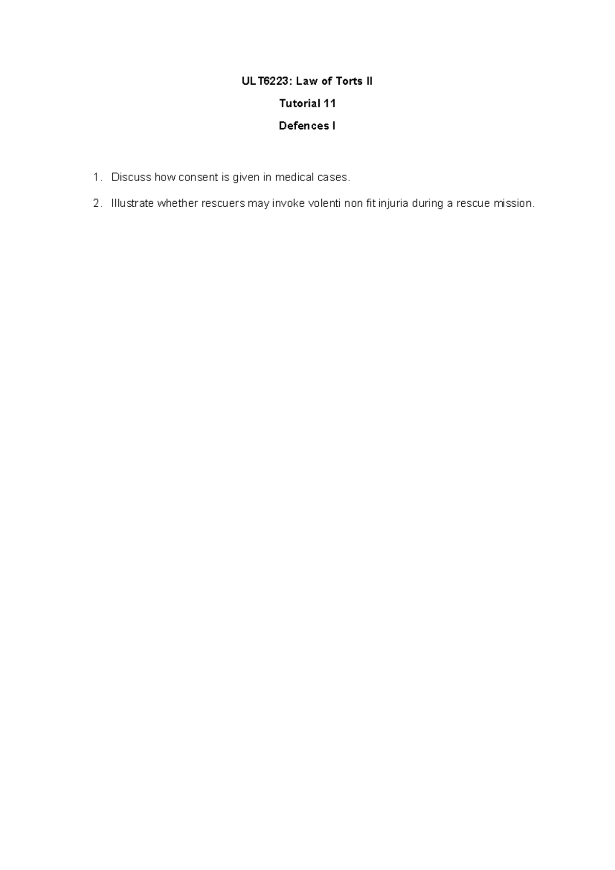 Tutorial 12 ULT6223 2510 - Law of Torts II - ULT6223: Law of Torts II ...