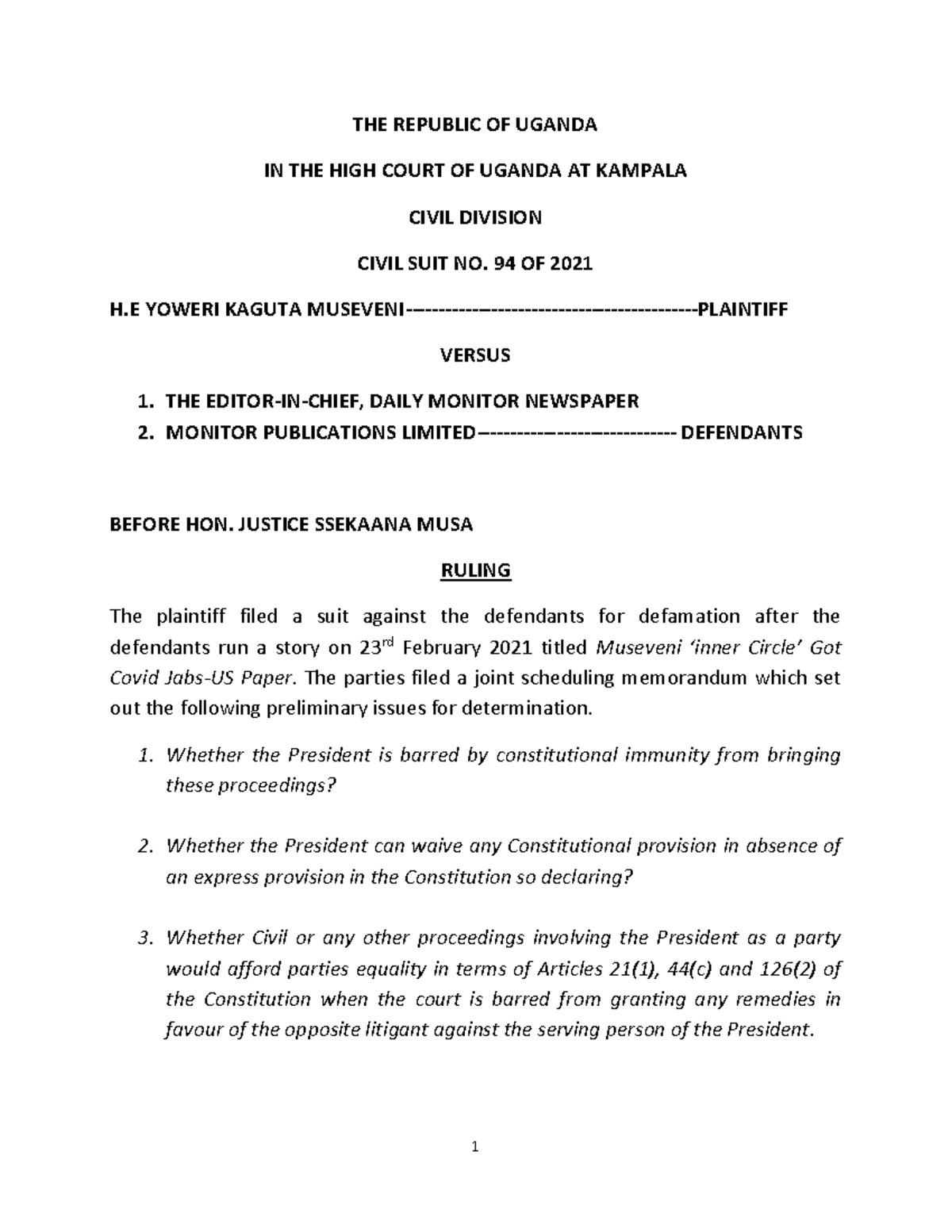Final Ruling on Civil Suit No. 94 of 2021 - Law Studies - Studocu